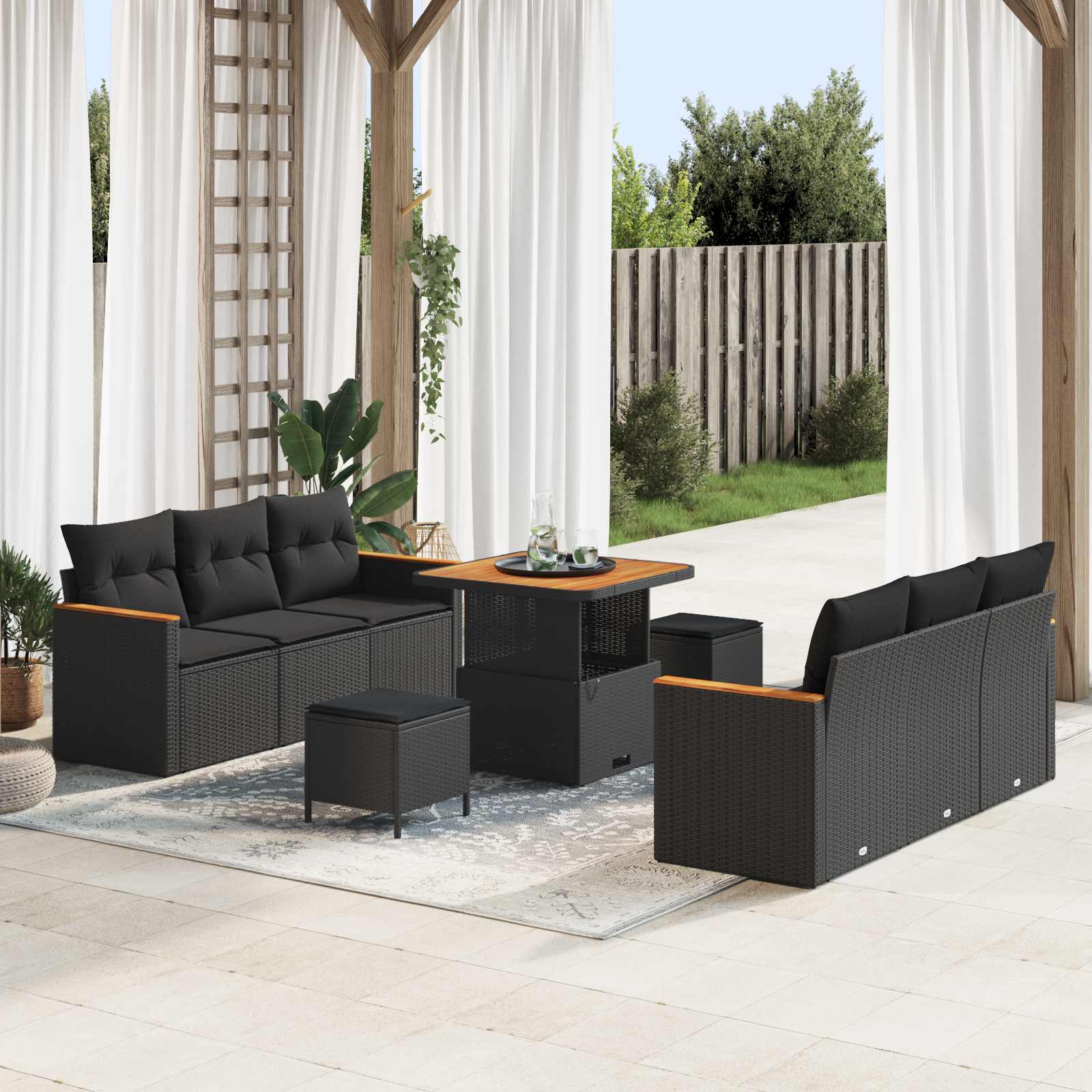 Tuinbankenset 9 pcs Zwart poly rattan – afbeelding 1