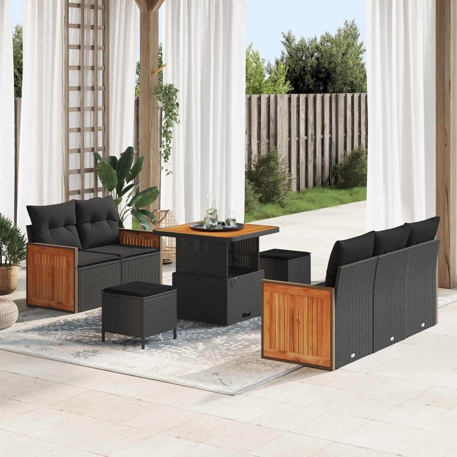 Tuinbankenset 8 pcs Zwart Poly rattan en gepoedercoat staal