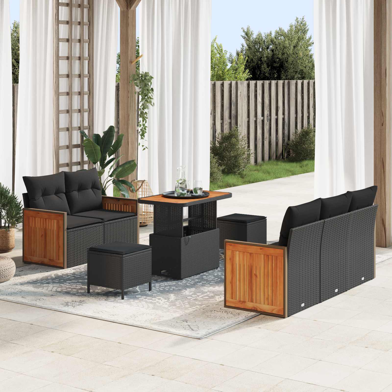 Tuinbankenset 8 pcs Zwart Poly rattan en gepoedercoat staal
