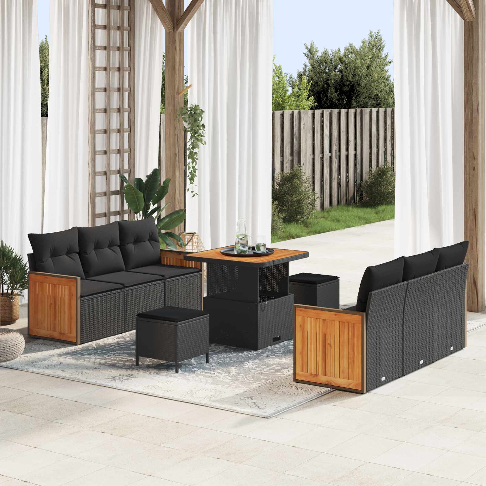 Tuinbankenset 9 pcs Zwart Poly rattan en gepoedercoat staal