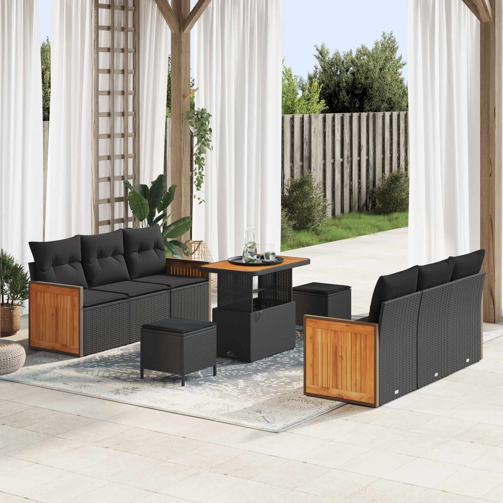 Tuinbankenset 9 pcs Zwart Poly rattan en gepoedercoat staal