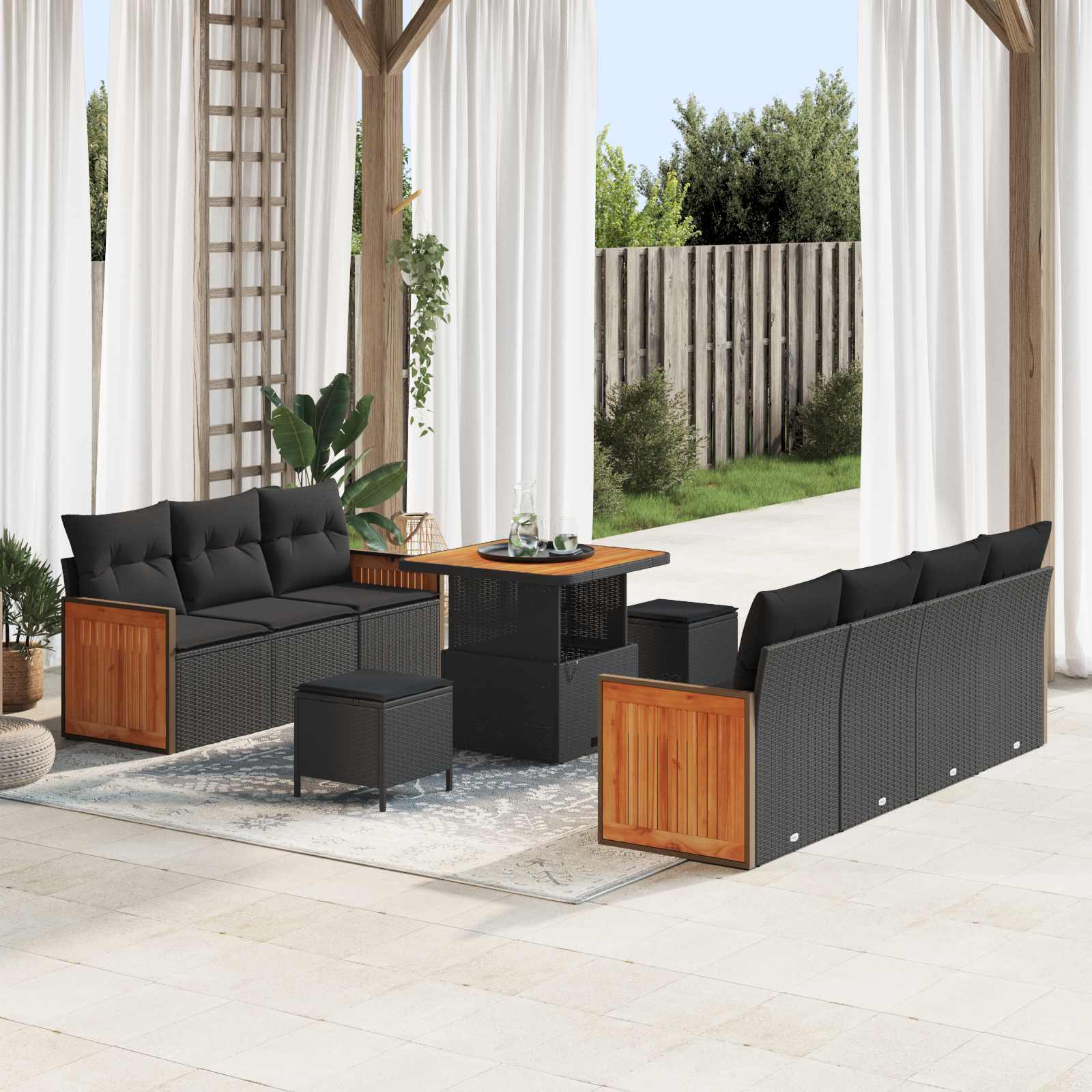 Tuinbankenset 10 pcs Zwart Poly rattan en gepoedercoat staal