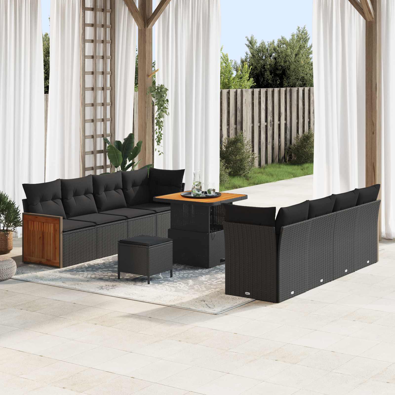 Tuinbankenset 11 pcs Zwart Poly rattan en gepoedercoat staal