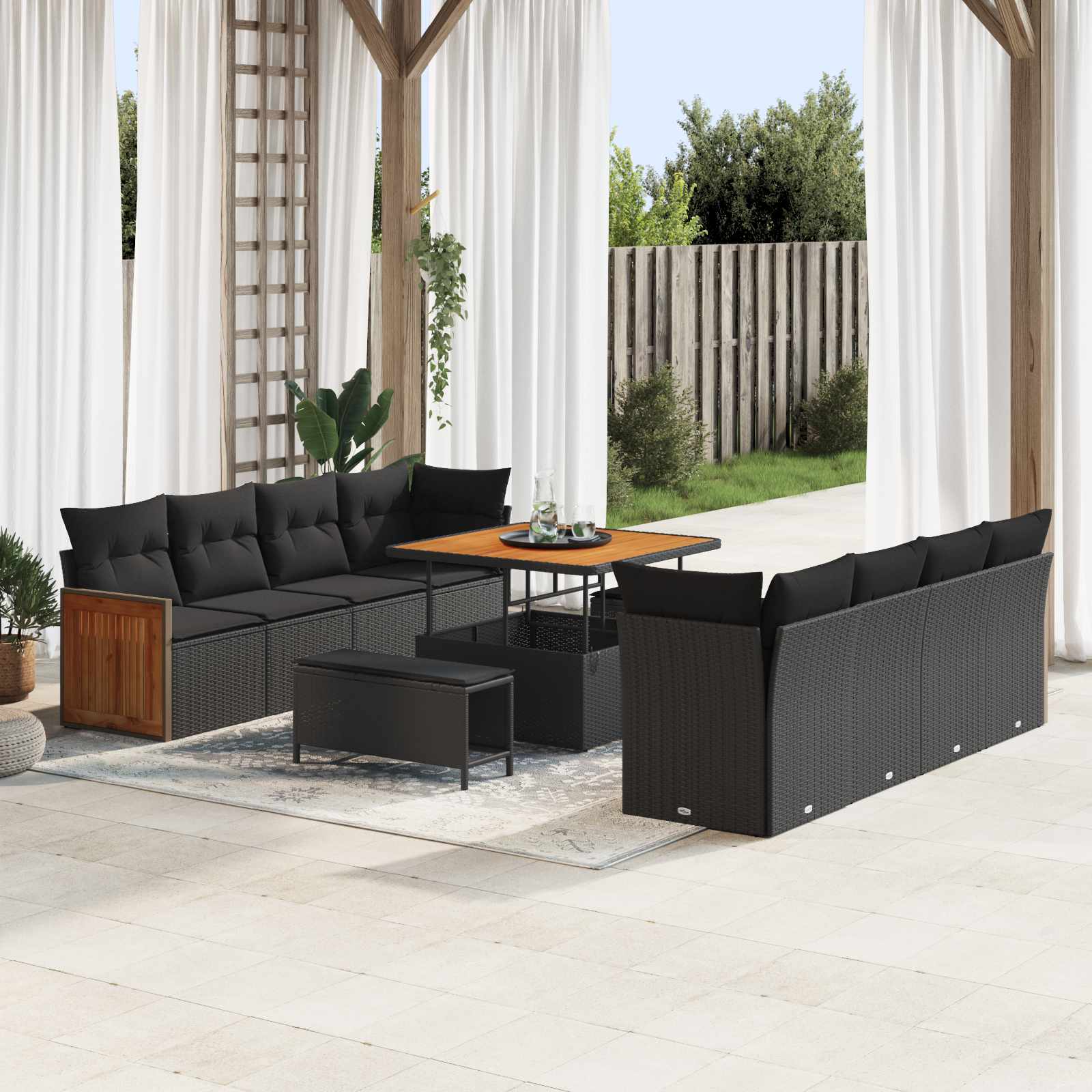 Tuinbankenset 11 pcs Zwart Poly rattan en gepoedercoat staal
