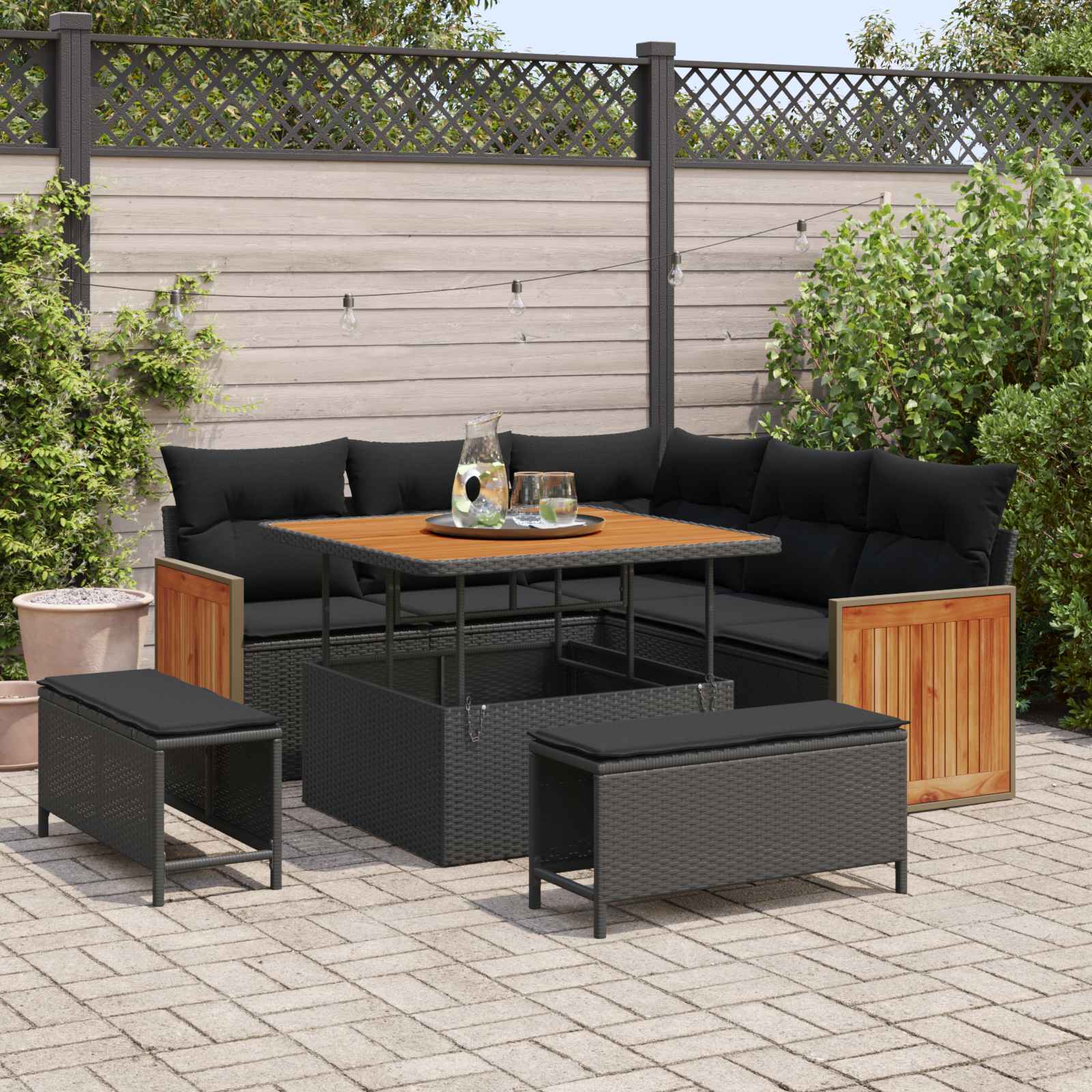 Tuinbankenset 8 pcs Zwart Poly rattan en gepoedercoat staal – afbeelding 1