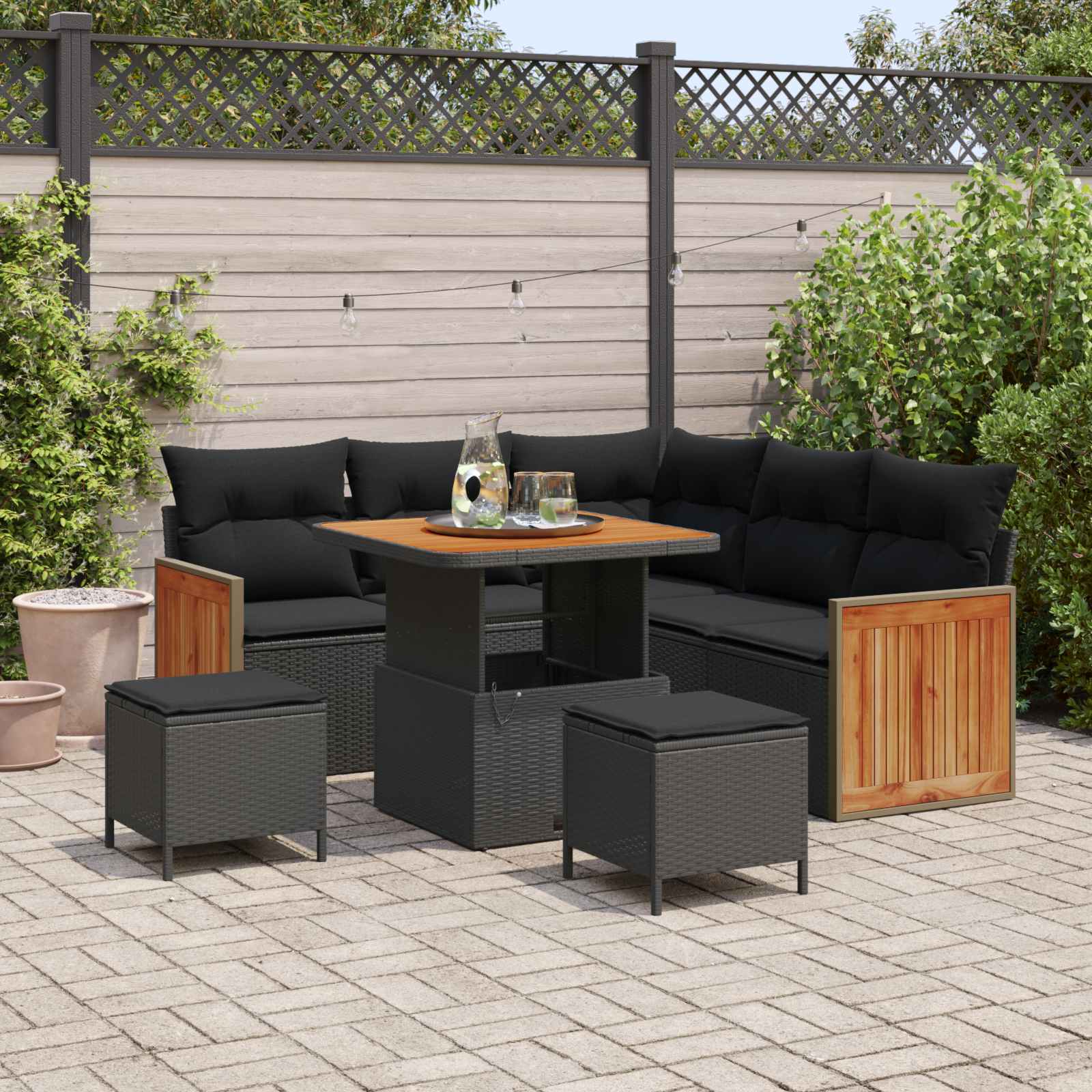 Tuinbankenset 8 pcs Zwart Poly rattan en gepoedercoat staal