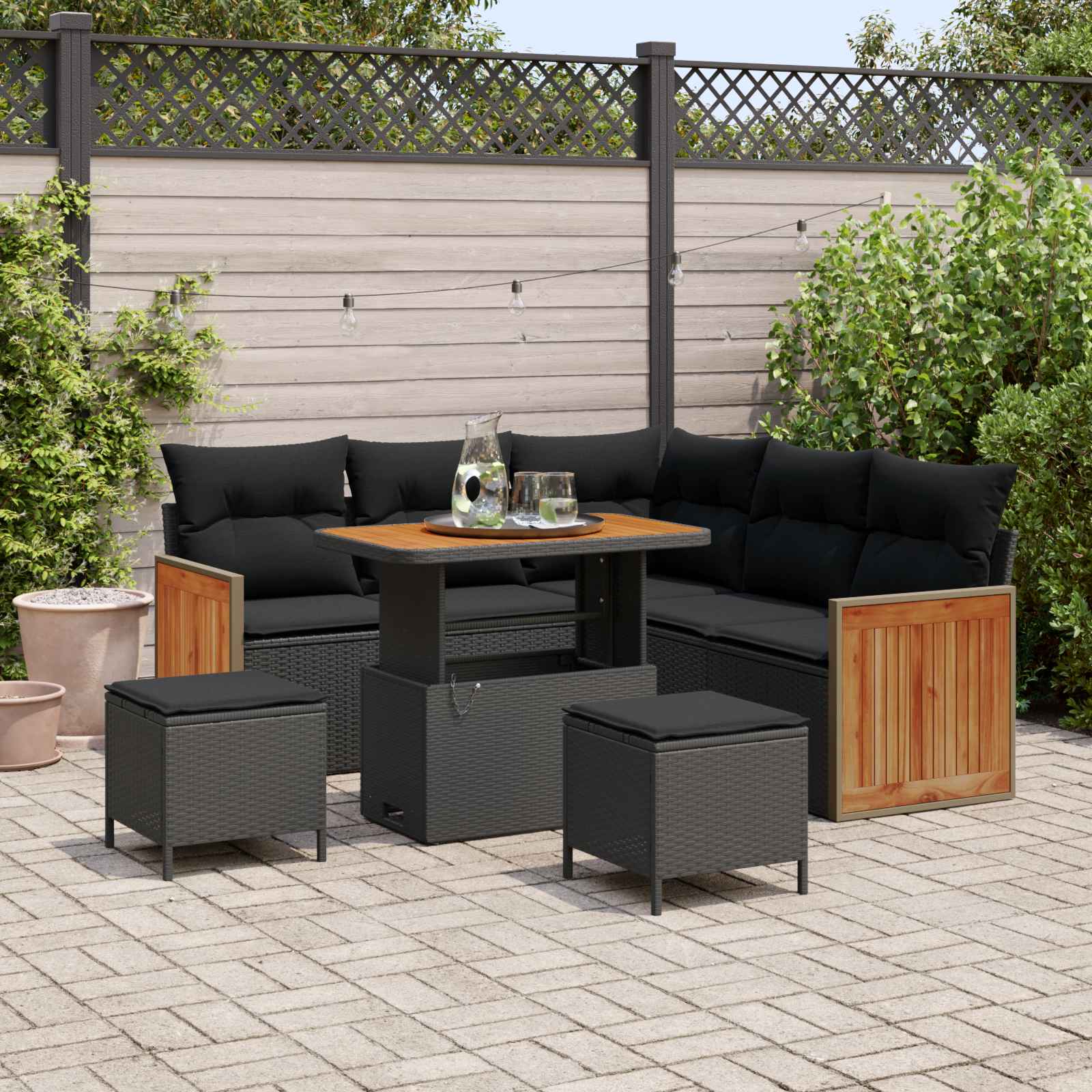 Tuinbankenset 8 pcs Zwart Poly rattan en gepoedercoat staal