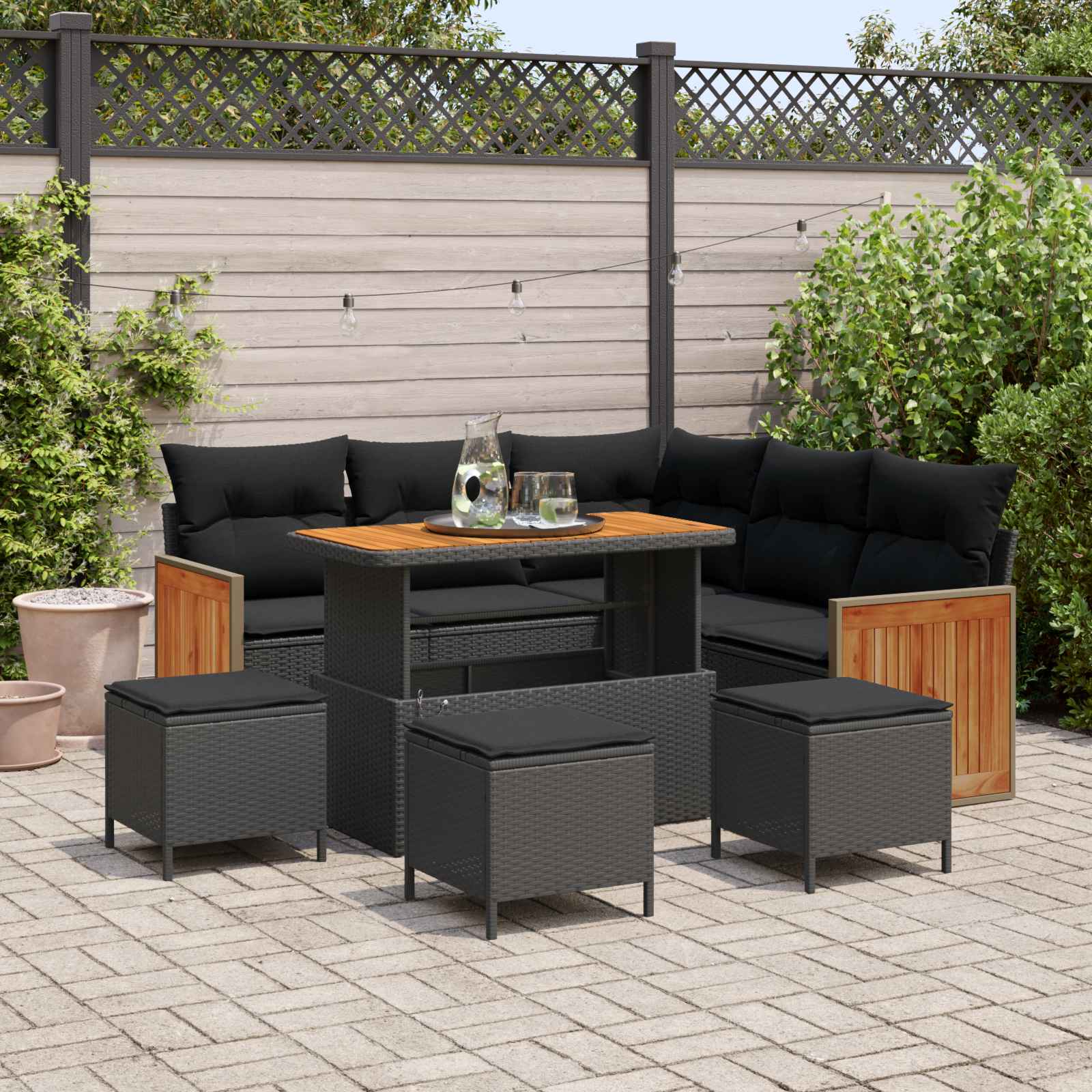 Tuinbankenset 9 pcs Zwart Poly rattan en gepoedercoat staal