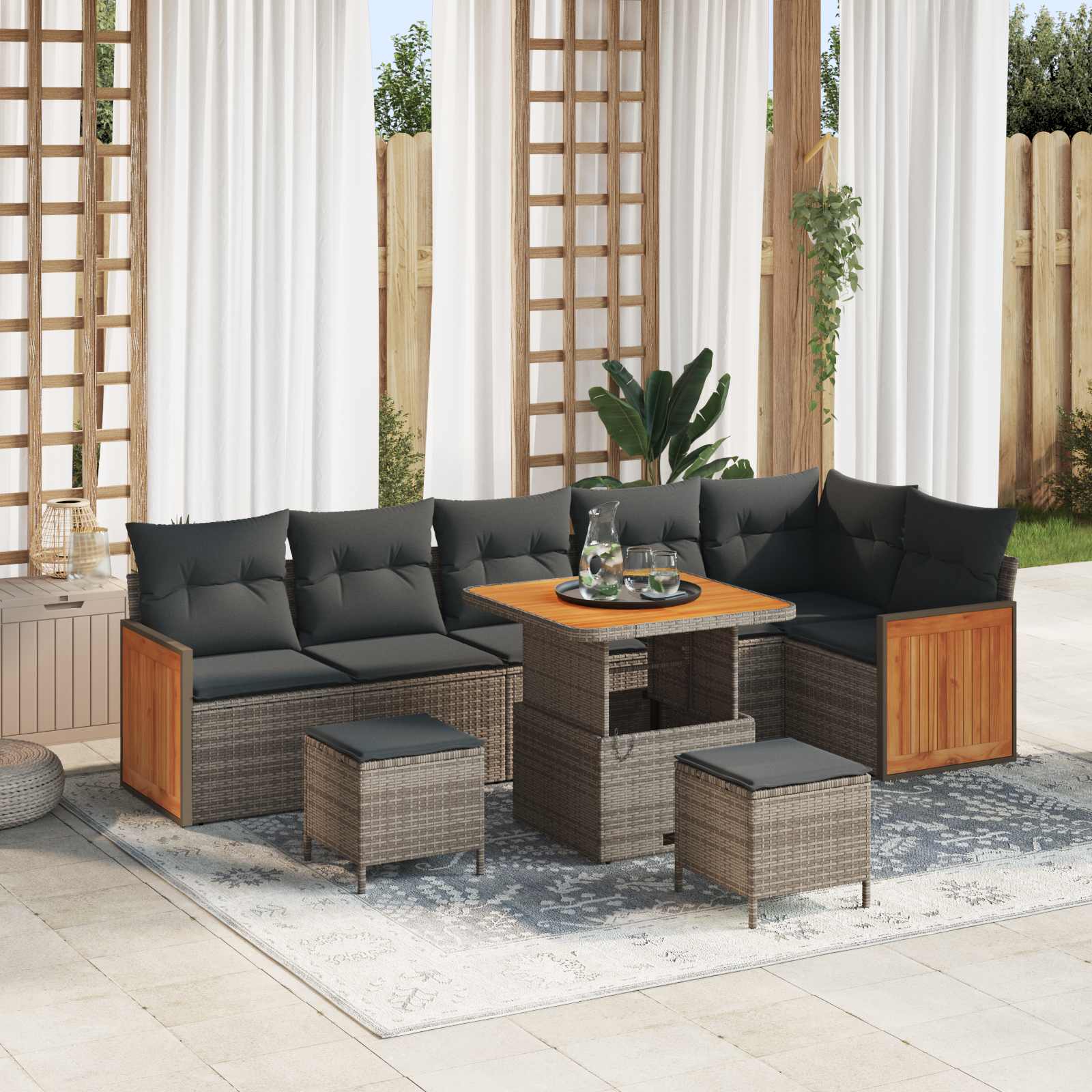 Tuinbankenset 9 pcs Grijs Poly rattan en gepoedercoat staal – afbeelding 1