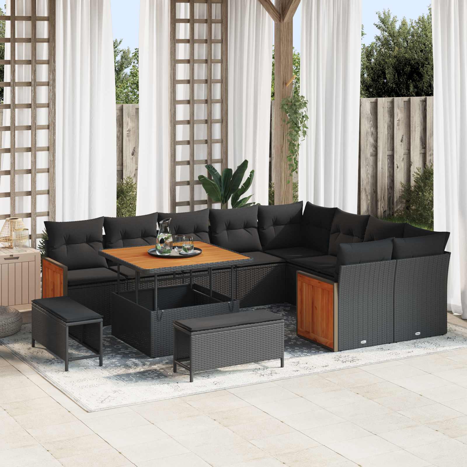 Tuinbankenset 12 pcs Zwart Poly rattan en gepoedercoat staal – afbeelding 1