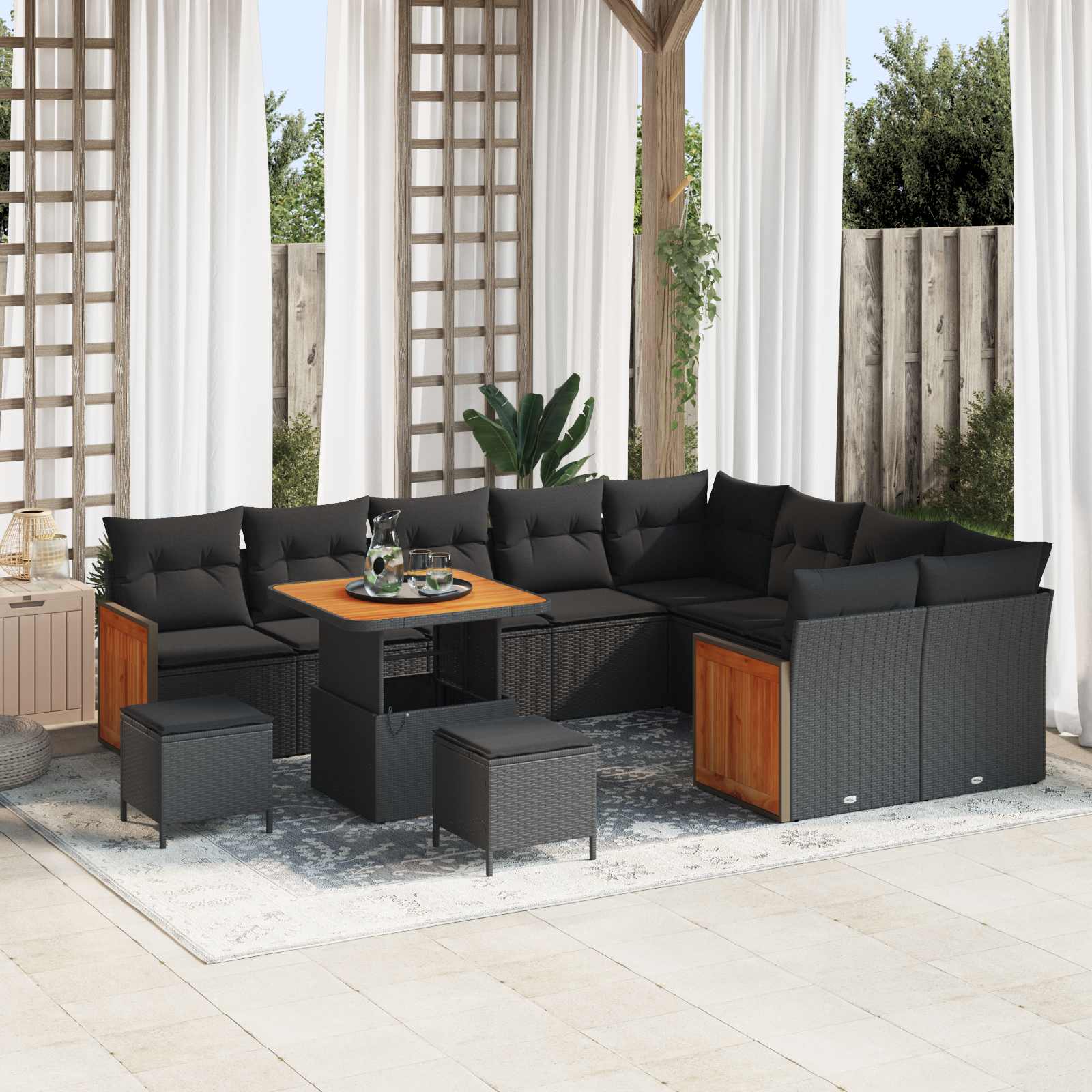 Tuinbankenset 12 pcs Zwart Poly rattan en gepoedercoat staal – afbeelding 1