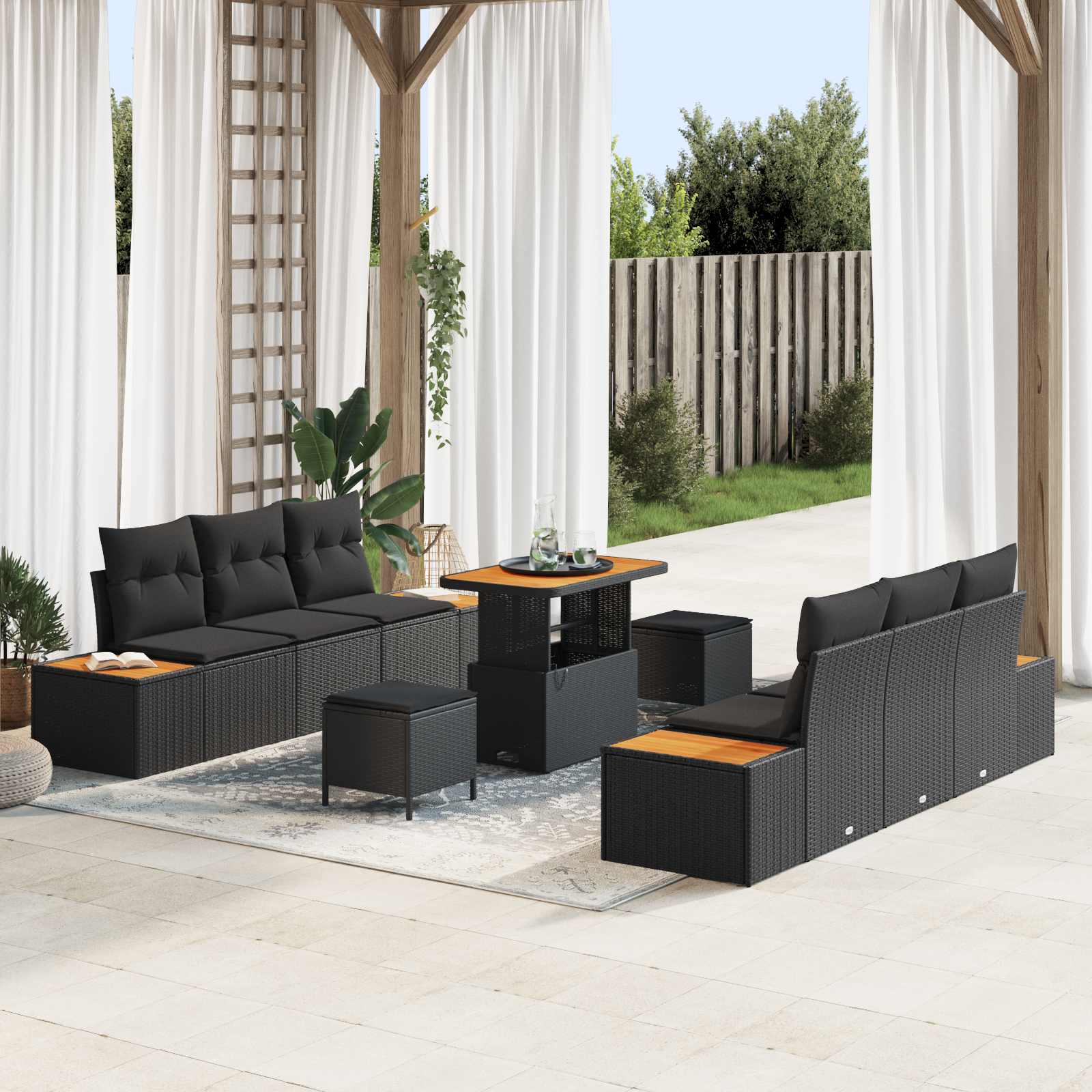 Tuinbankenset 9 pcs Zwart Poly Riet en Poedercoated Staal – afbeelding 1
