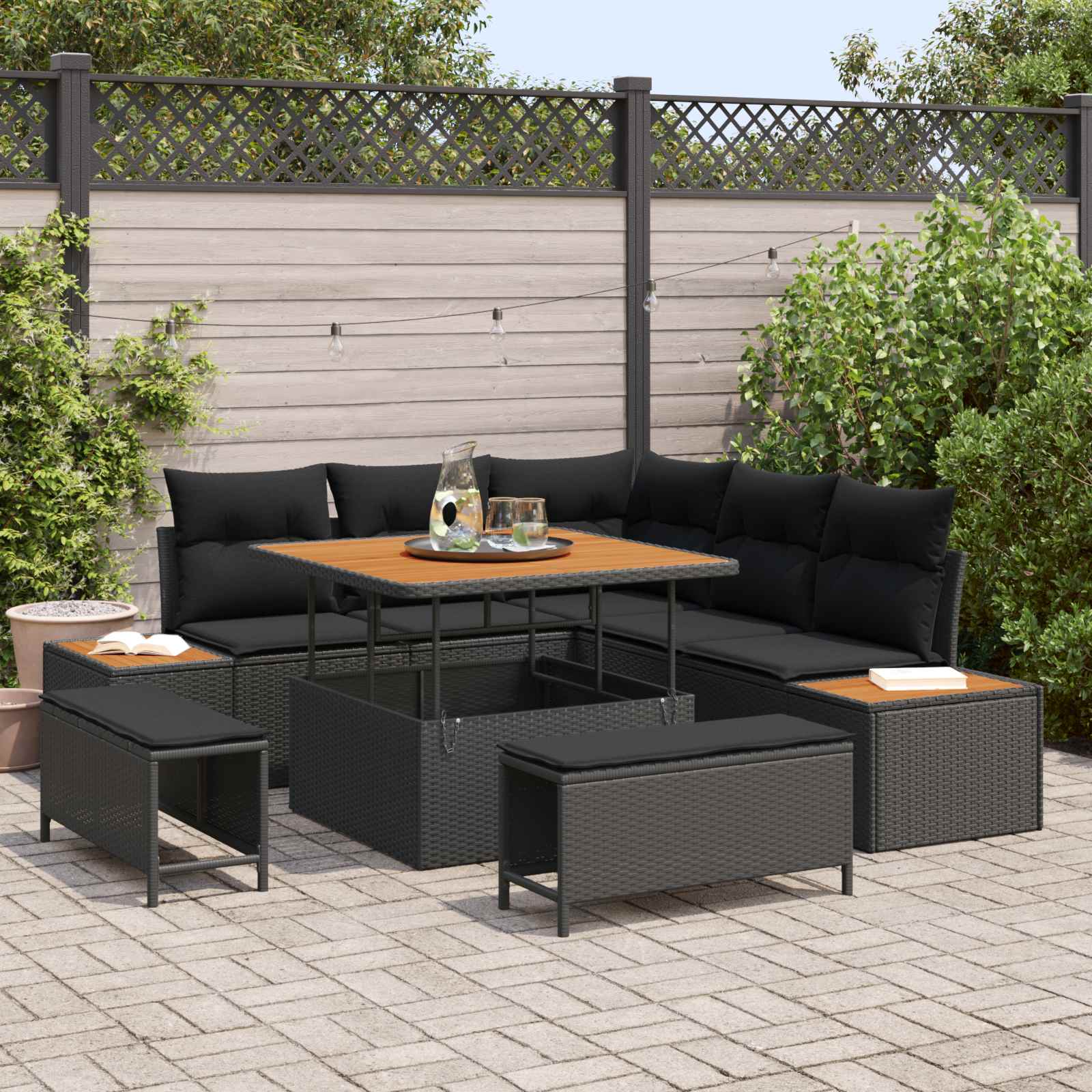 Tuinbankenset 8 pcs Zwart Poly Riet en Poedercoated Staal – afbeelding 1