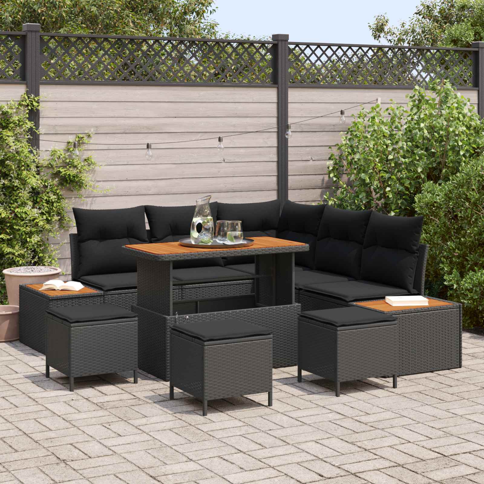 Tuinbankenset 9 pcs Zwart Poly Riet en Poedercoated Staal – afbeelding 1