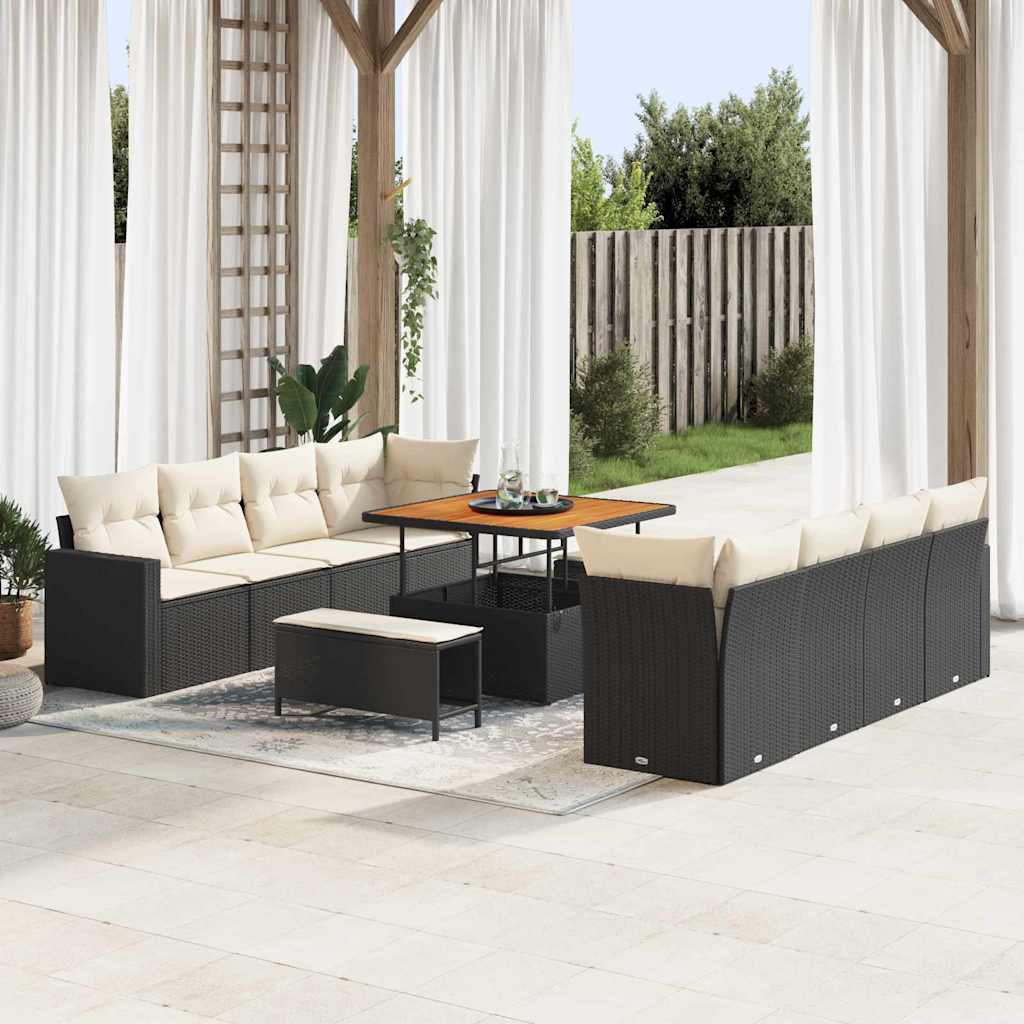 Tuinbankenset met kussen 12 pcs Zwart en Crème poly rattan