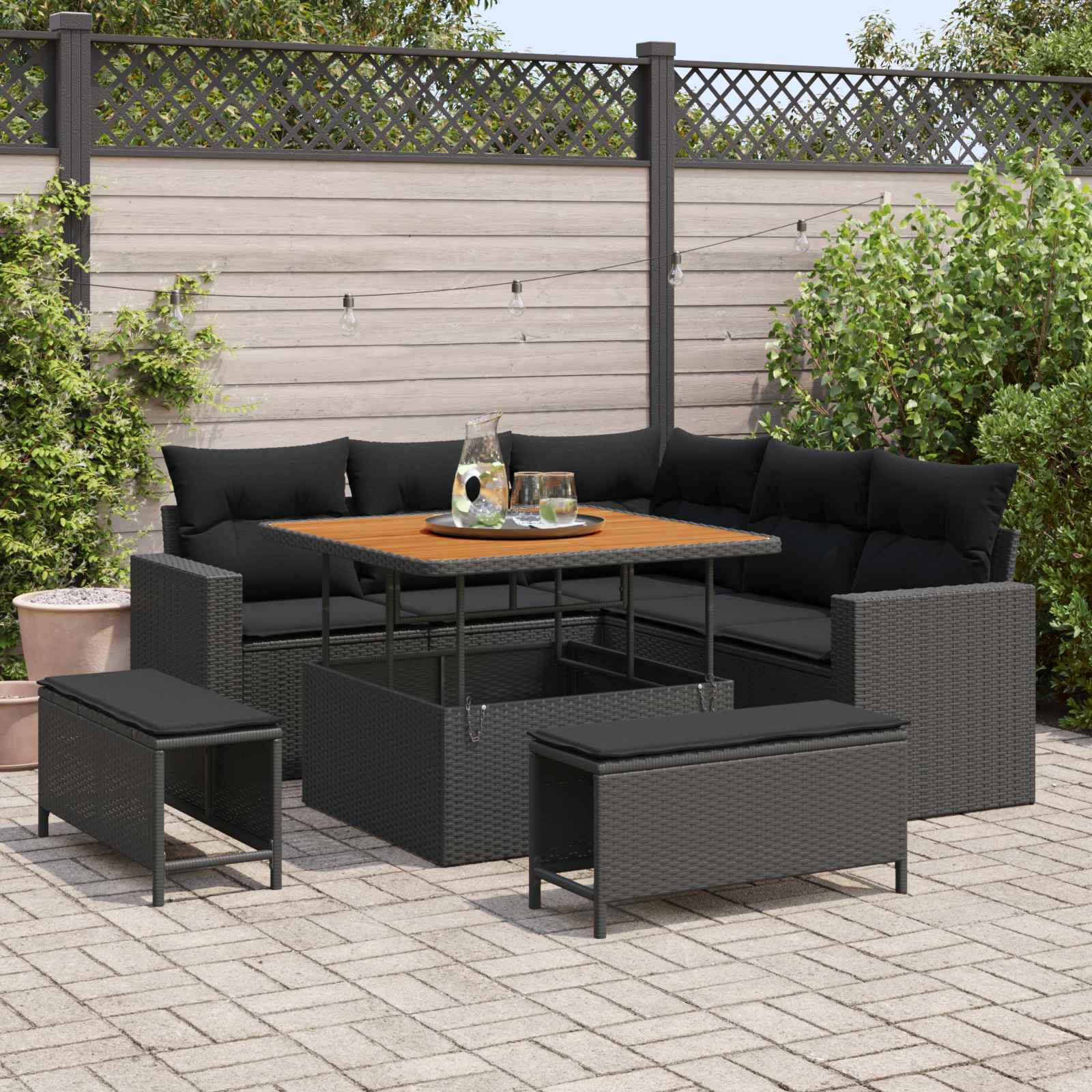 Tuinbankenset met kussen 9 pcs Zwart poly rattan