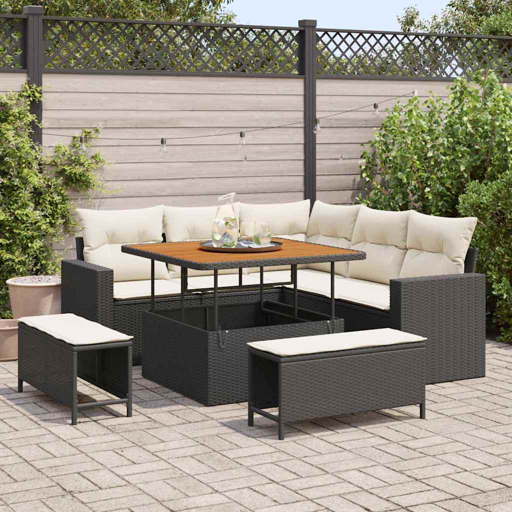 Tuinbankenset met kussen 9 pcs Zwart en Crème poly rattan – afbeelding 1