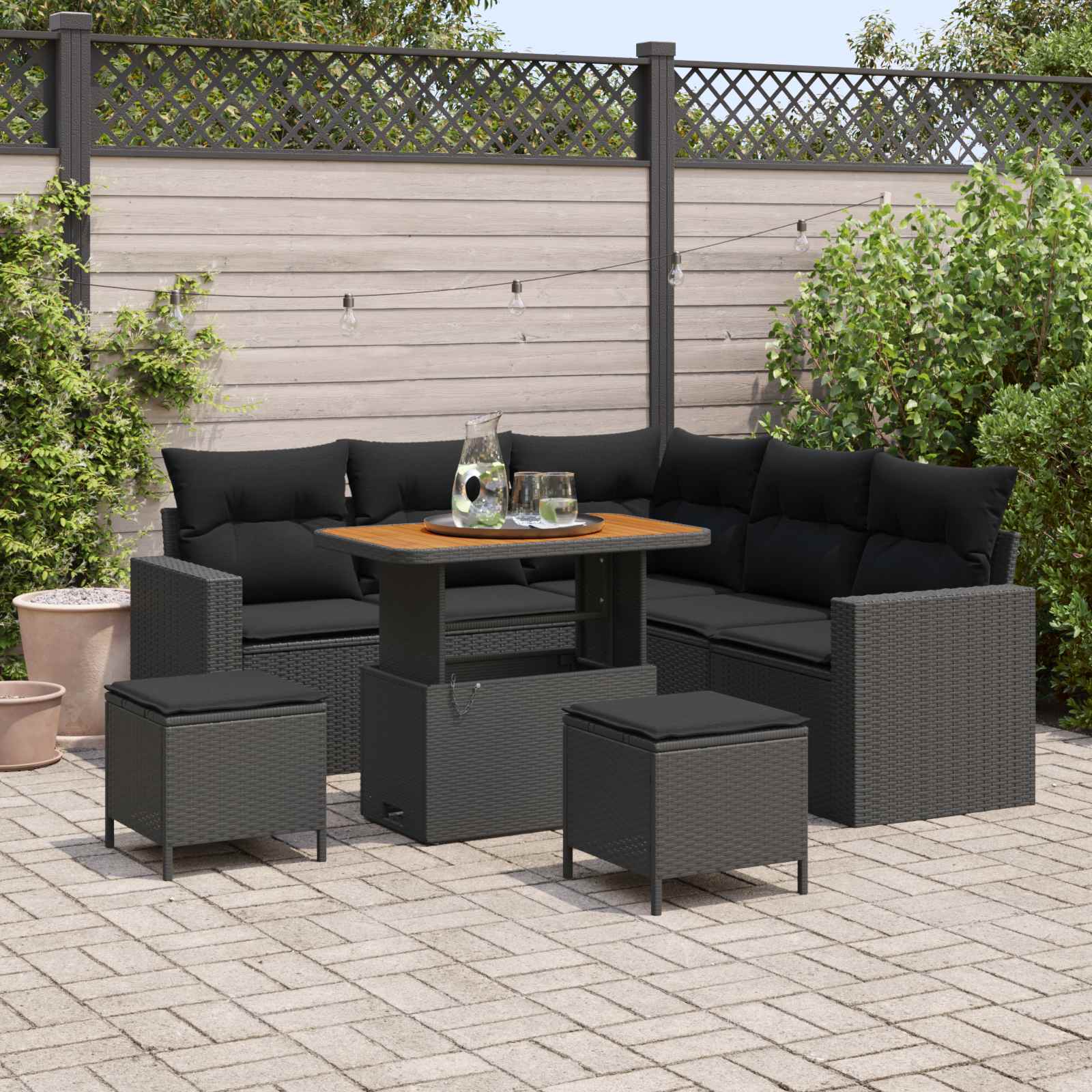 Tuinbankenset met kussen 9 pcs Zwart poly rattan