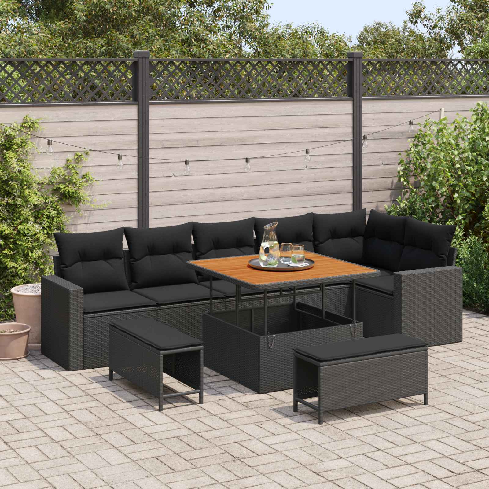 Tuinbankenset met kussen 11 pcs Zwart poly rattan