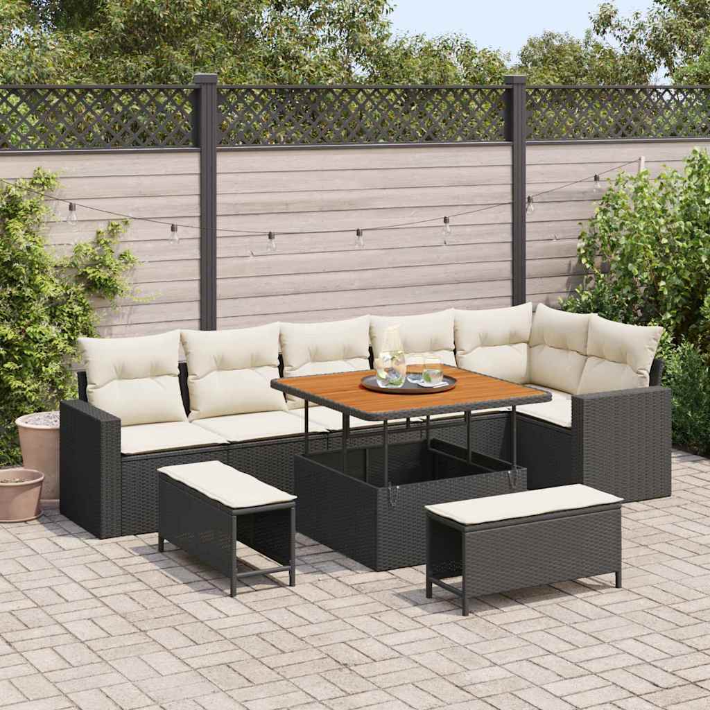 Tuinbankenset met kussen 11 pcs Zwart en Crème poly rattan – afbeelding 1