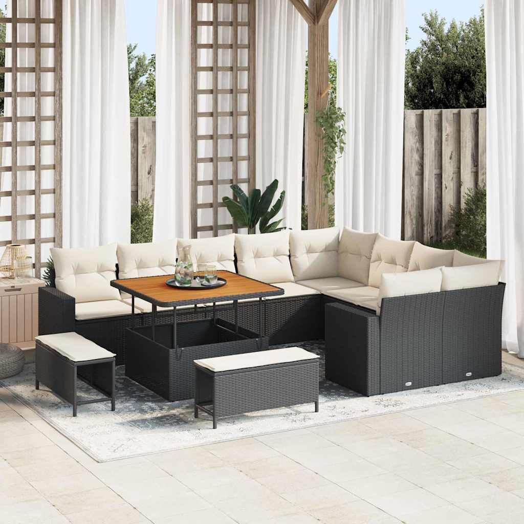 Tuinbankenset met kussen 13 pcs Zwart en Crème poly rattan – afbeelding 1