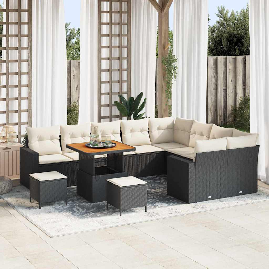 Tuinbankenset met kussen 13 pcs Zwart en Crème poly rattan