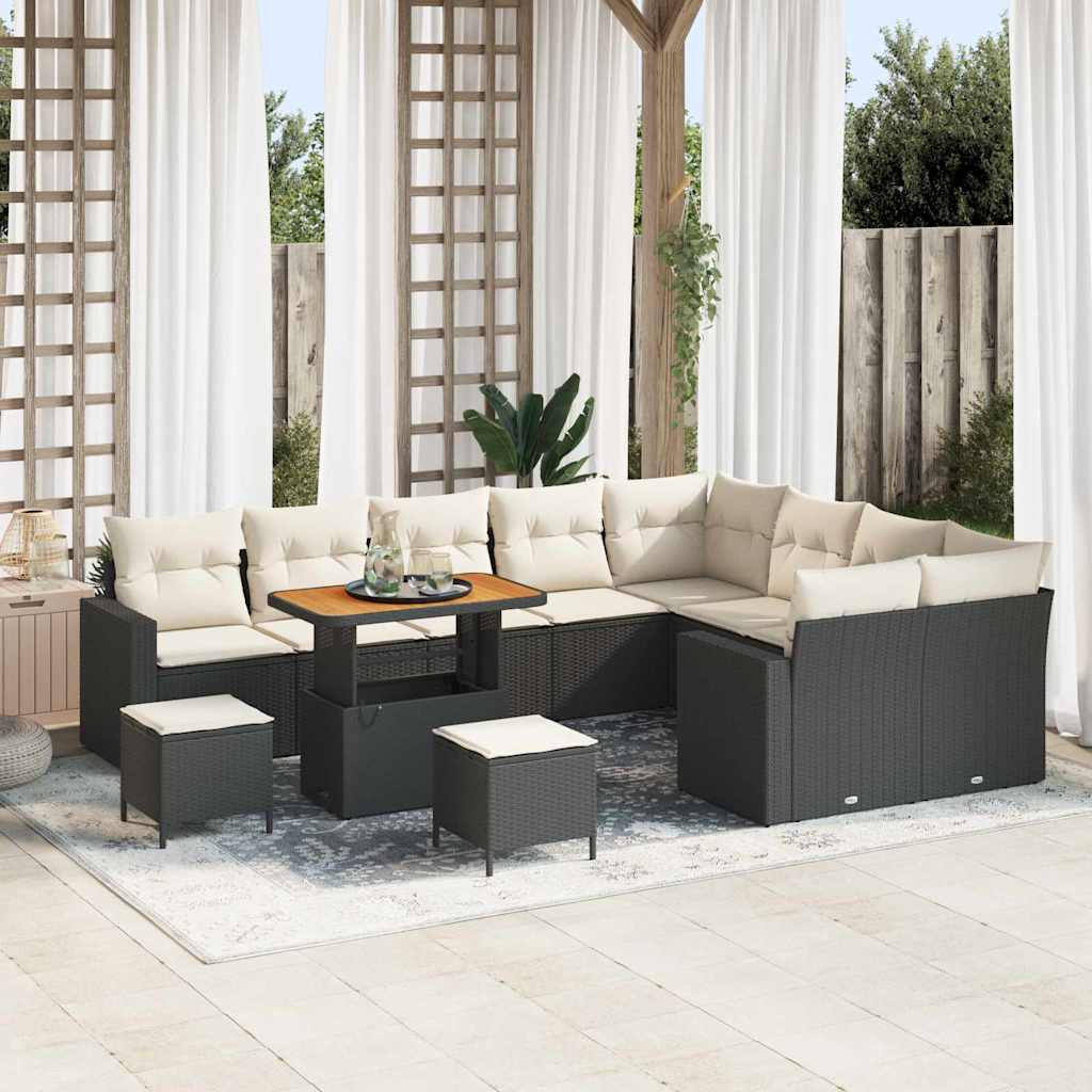 Tuinbankenset met kussen 13 pcs Zwart en Crème poly rattan – afbeelding 1