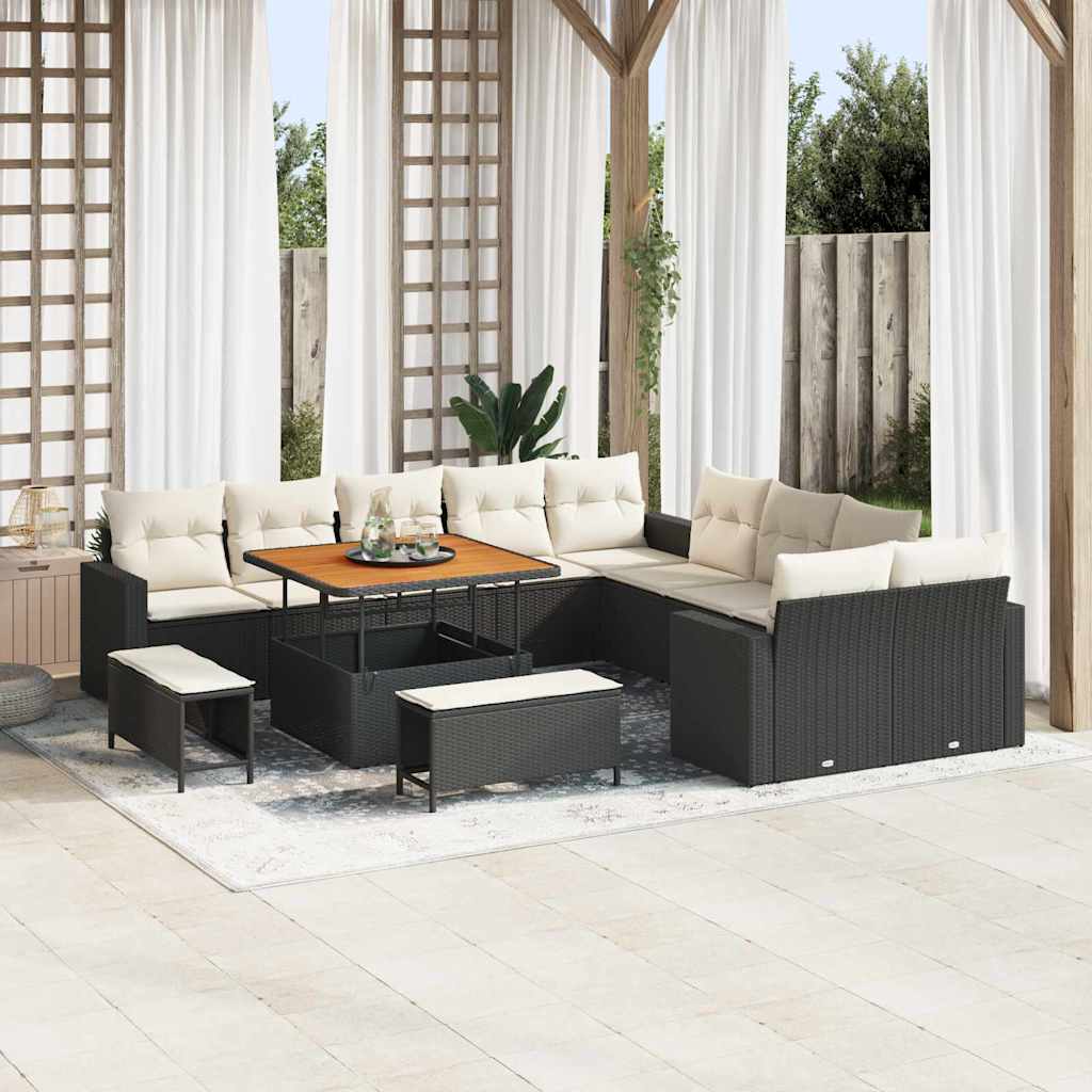 Tuinbankenset met kussen 17 pcs Zwart en Crème poly rattan – afbeelding 1