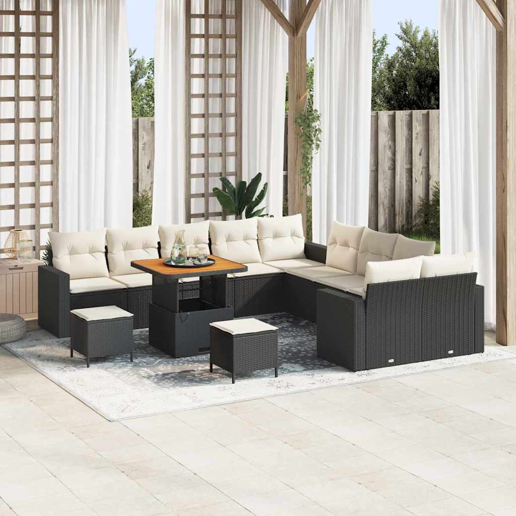 Tuinbankenset met kussen 17 pcs Zwart en Crème poly rattan – afbeelding 1