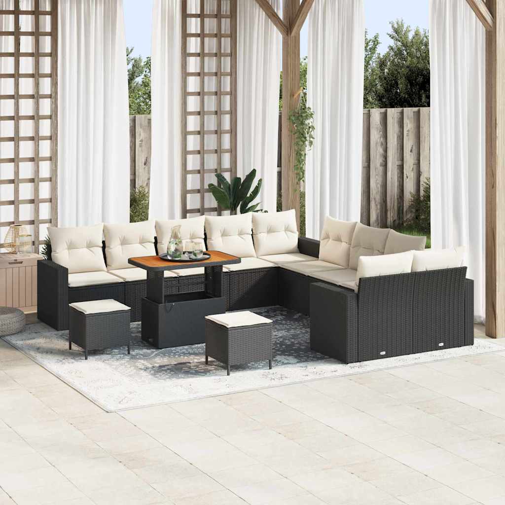 Tuinbankenset met kussen 17 pcs Zwart en Crème poly rattan – afbeelding 1