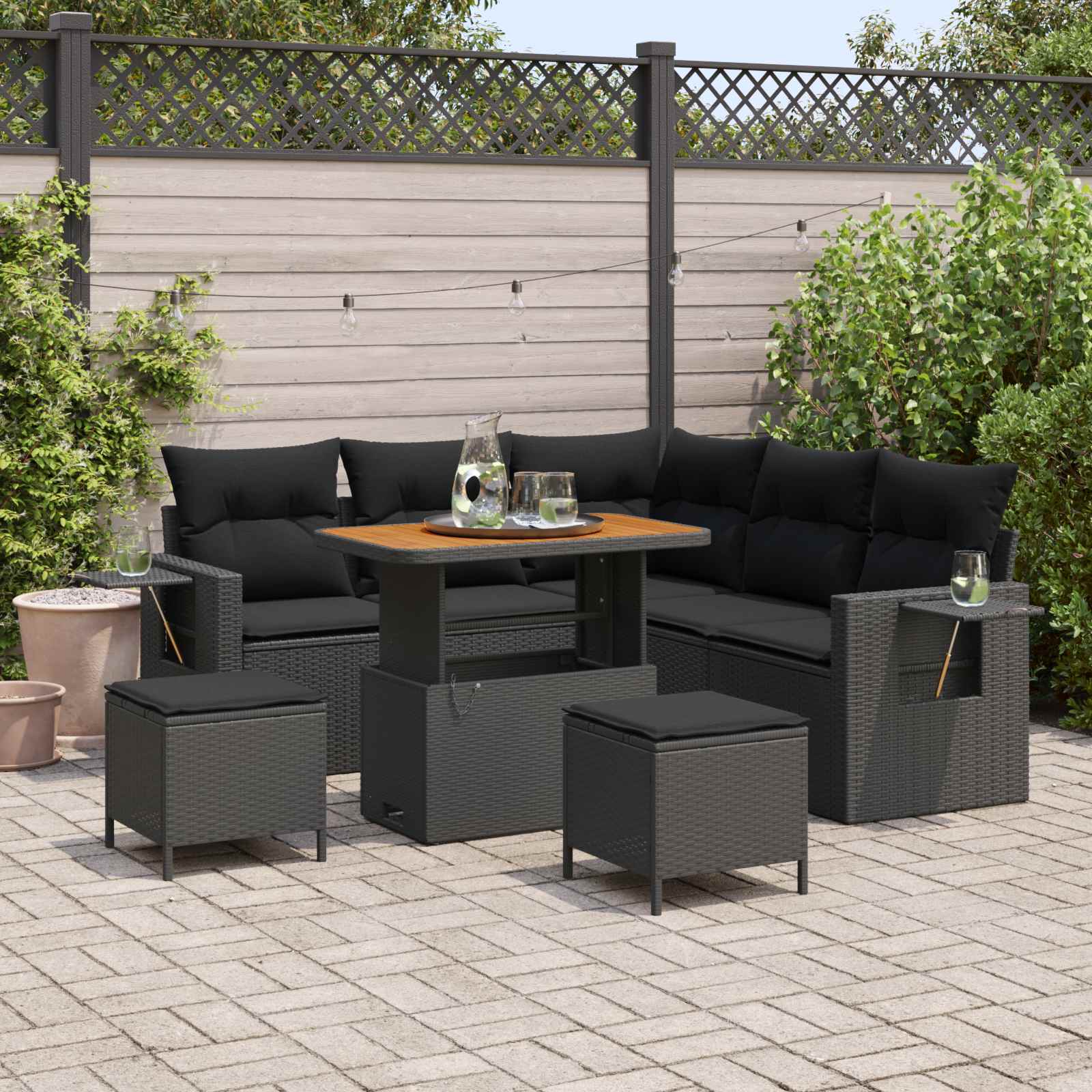 Tuinbankenset met kussen 9 pcs Zwart poly rattan – afbeelding 1