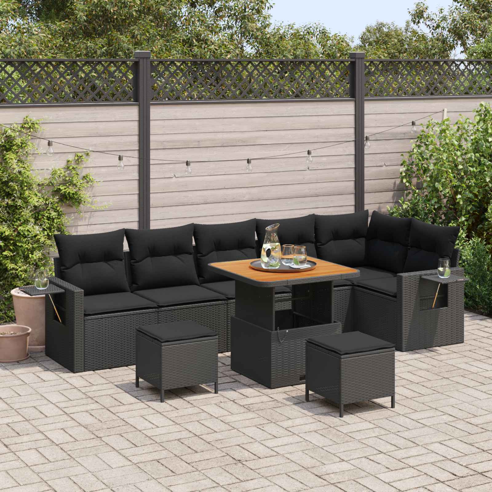 Tuinbankenset met kussen 11 pcs Zwart poly rattan