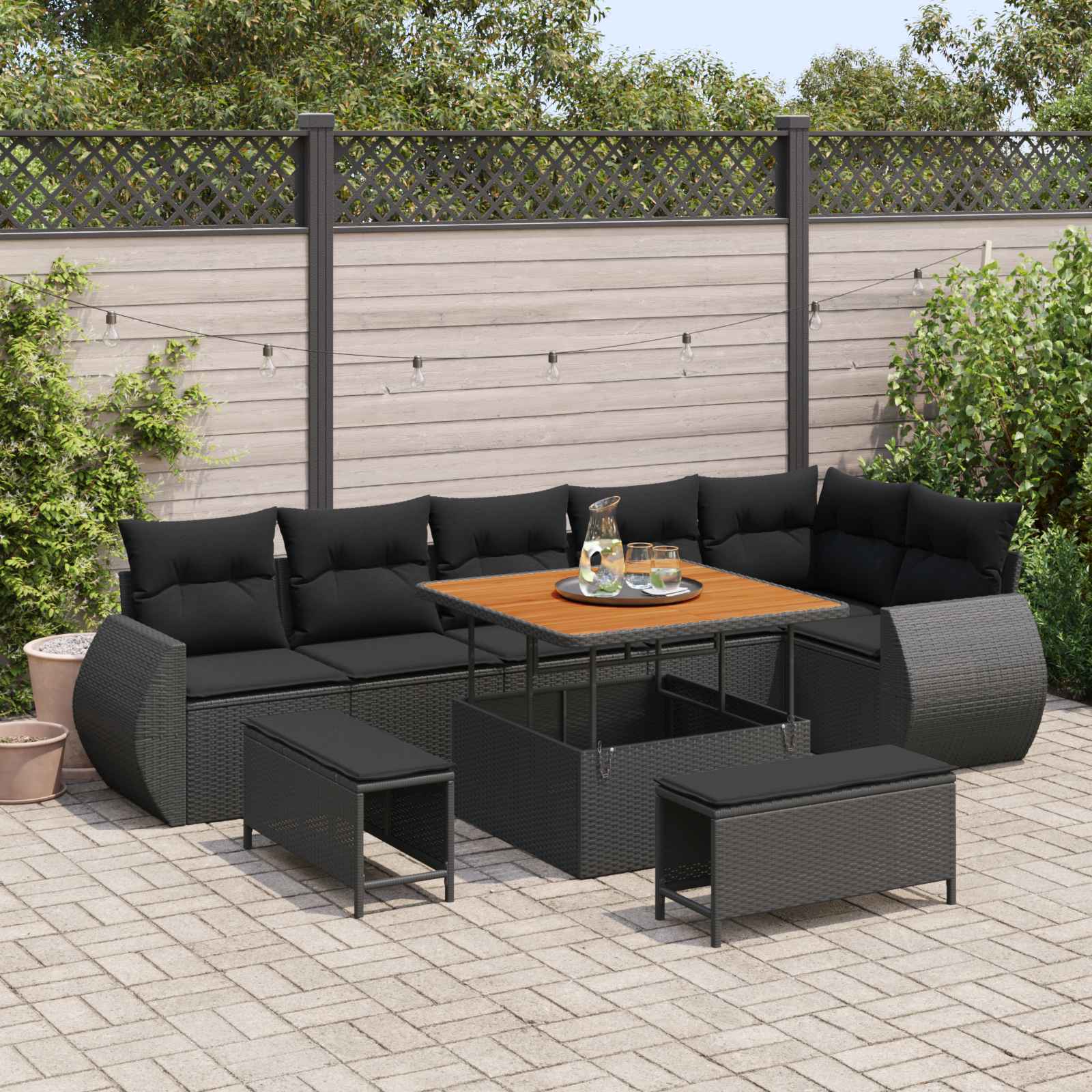 Tuin Sofa Set met kussen met opslag 9 pcs Zwart Poly Rattan – afbeelding 1