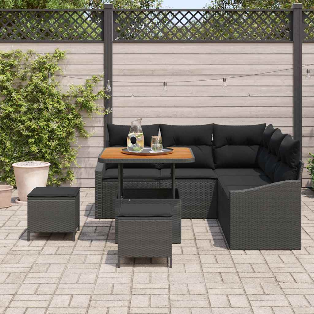 Tuinbankenset met kussen met opslag 8 pcs Zwart Poly riet