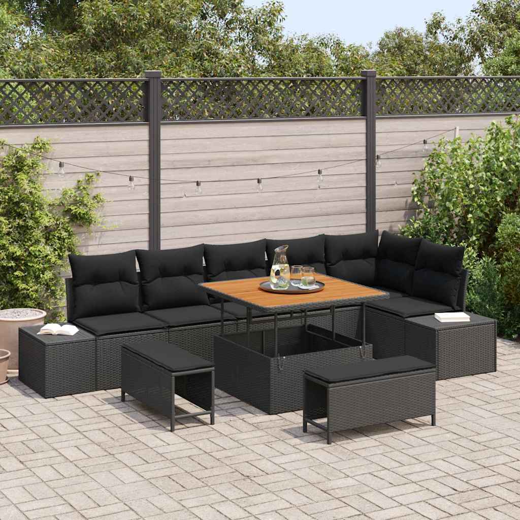 Tuinbankenset met kussen met opslag 9 pcs Zwart Poly riet