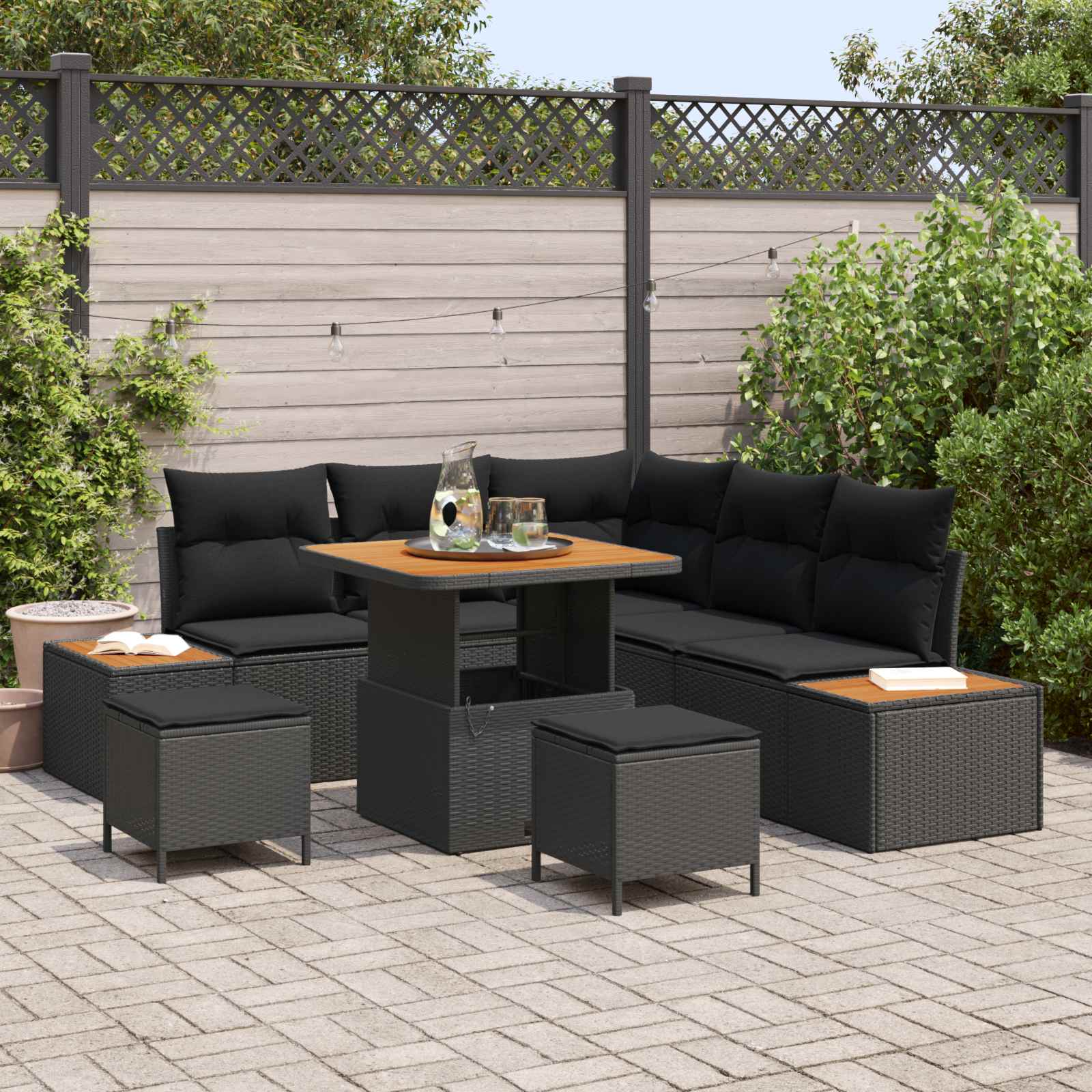 Tuinbankenset met kussen met opslag 8 pcs Zwart Poly riet – afbeelding 1