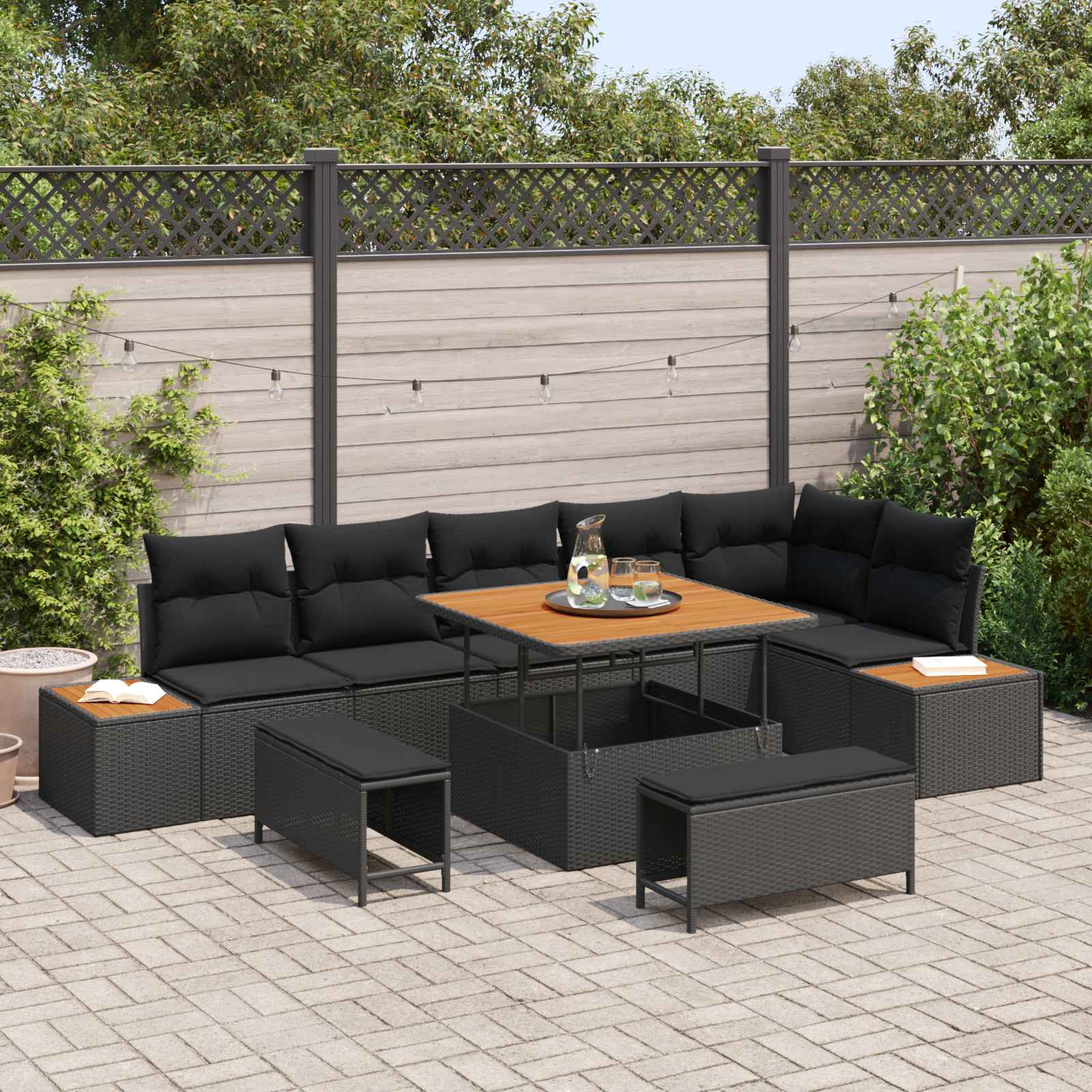 Tuinbankenset met kussen met opslag 9 pcs Zwart Poly riet – afbeelding 1