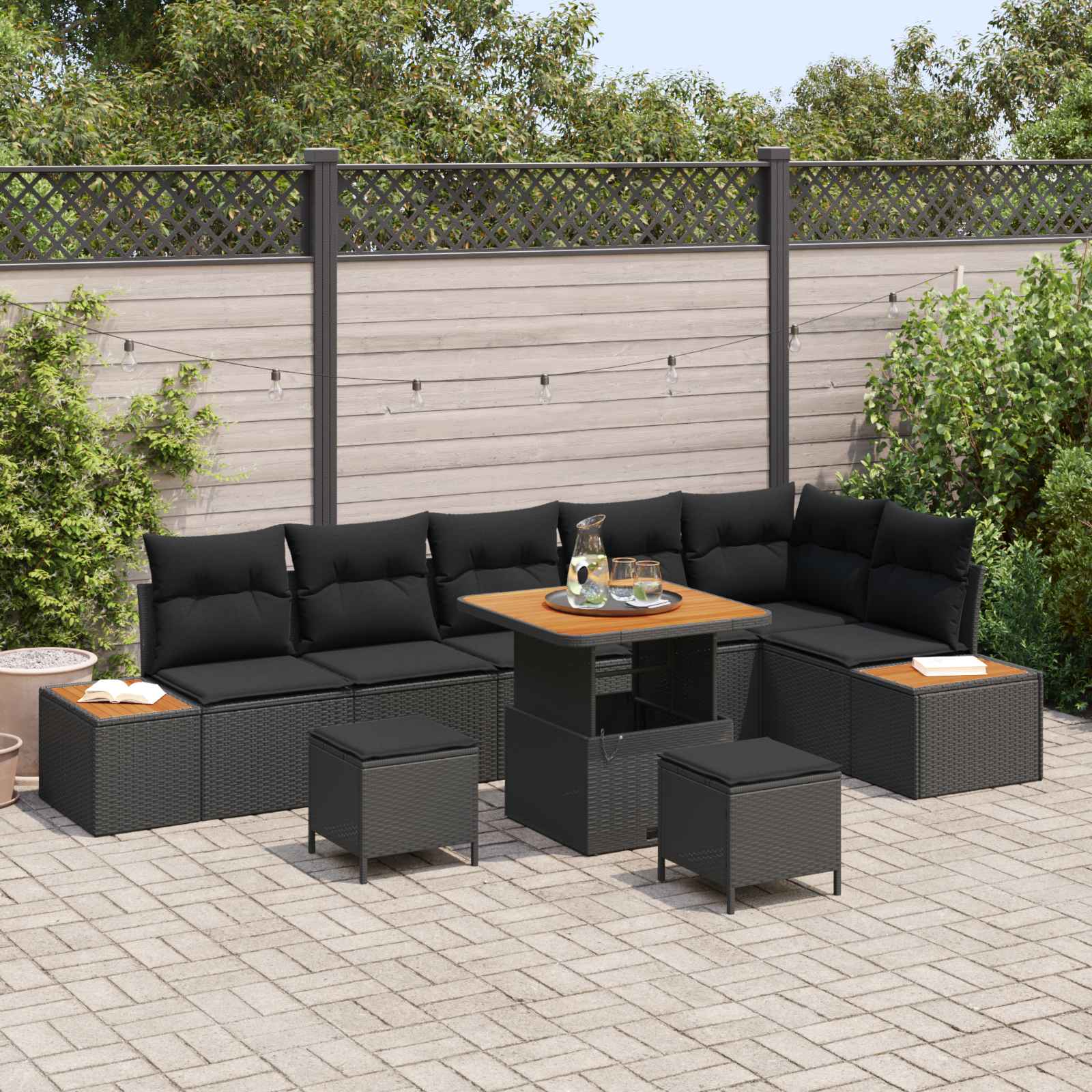 Tuinbankenset met kussen met opslag 9 pcs Zwart Poly riet – afbeelding 1