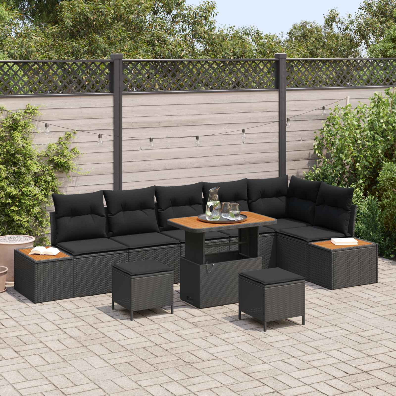 Tuinbankenset met kussen met opslag 9 pcs Zwart Poly riet – afbeelding 1