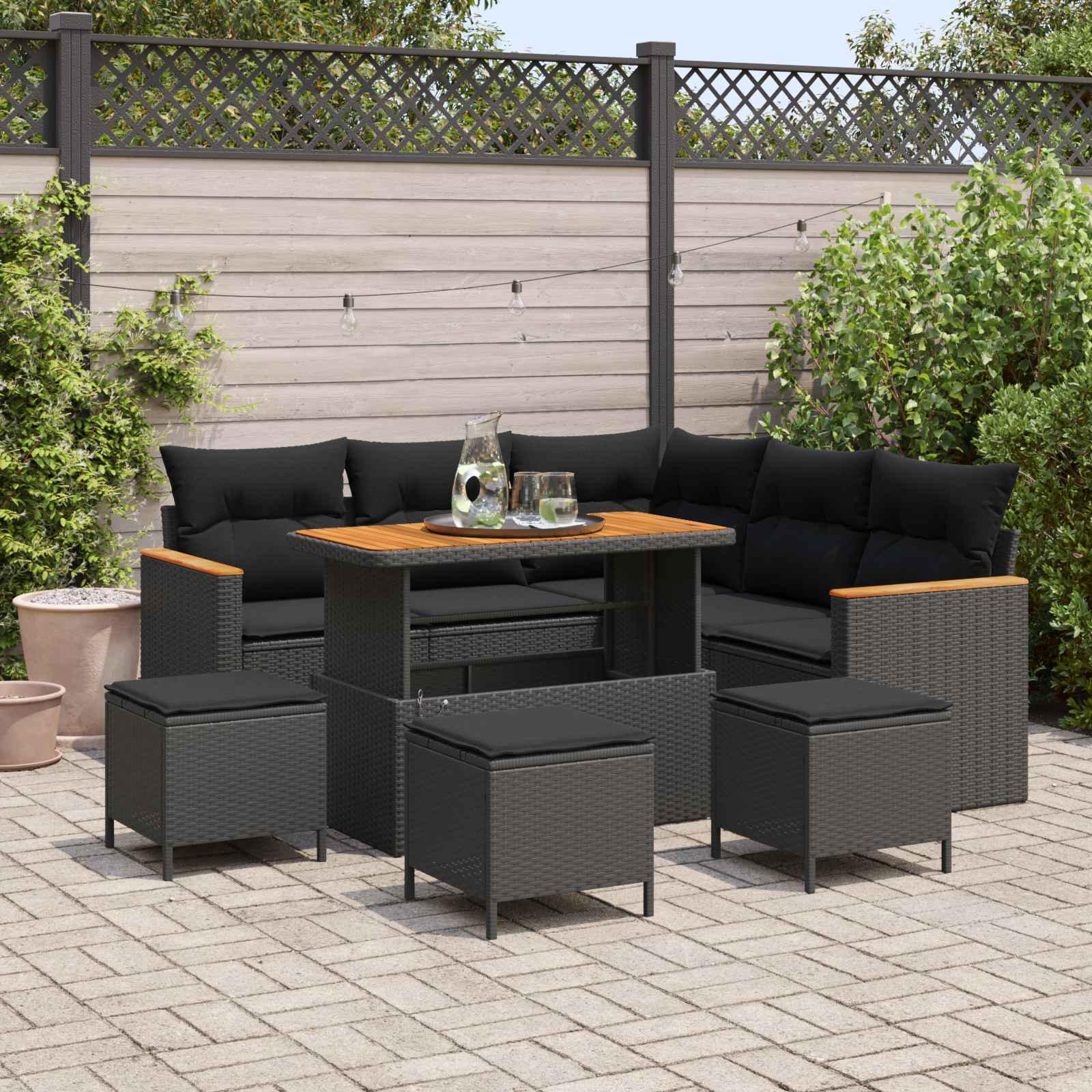 Tuin Sofa Set met kussen met opslag Zwart Poly riet