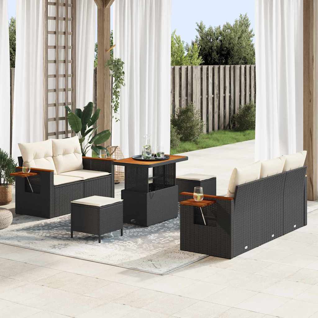Tuinbankenset met kussen 10 pcs Zwart en Crème poly rattan – afbeelding 1