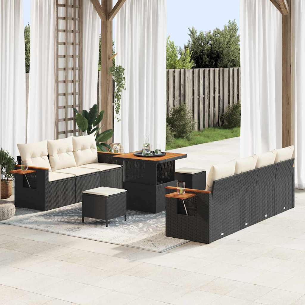 Tuinbankenset met kussen 13 pcs Zwart en Crème poly rattan – afbeelding 1