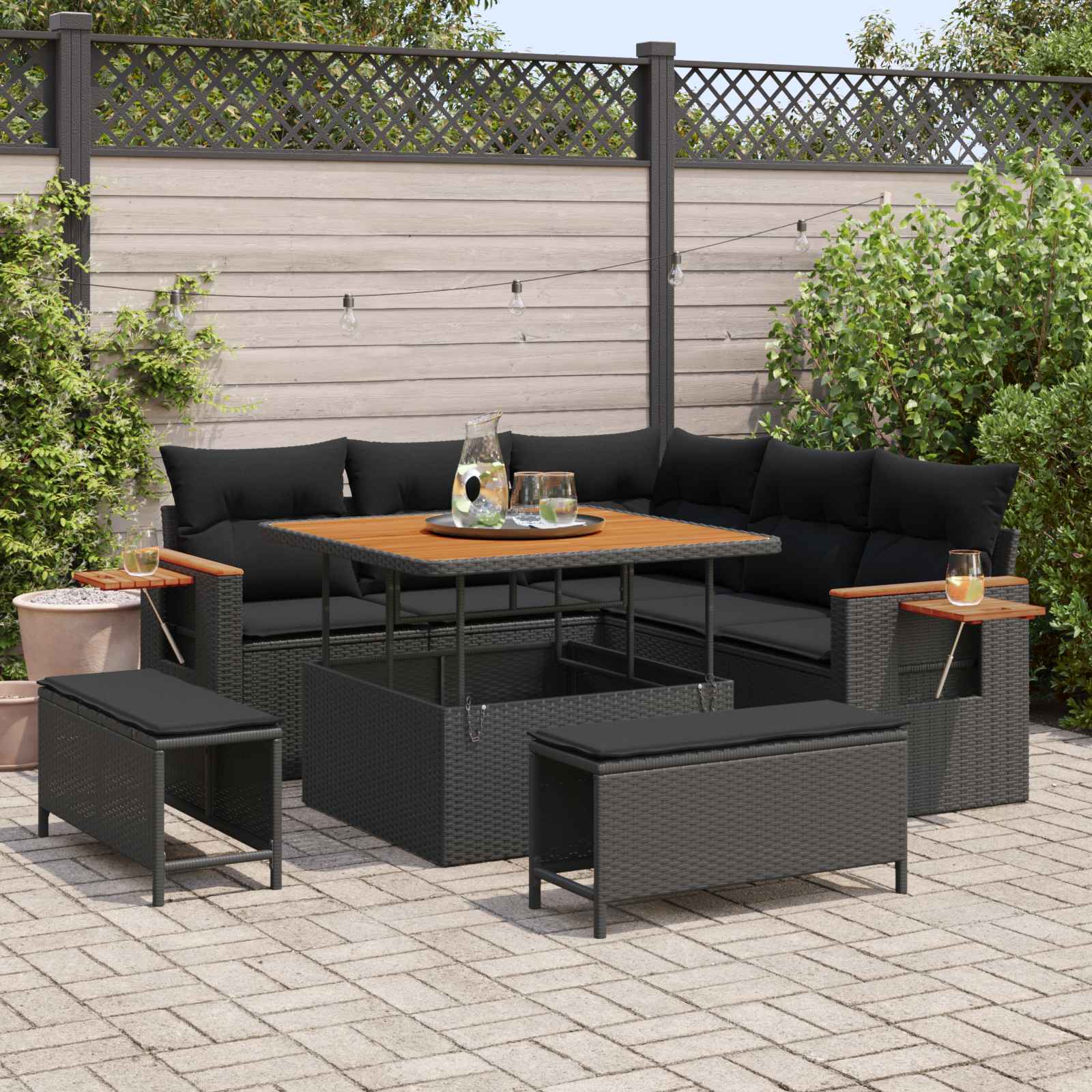 Tuinbankenset met kussen 9 pcs Zwart poly rattan
