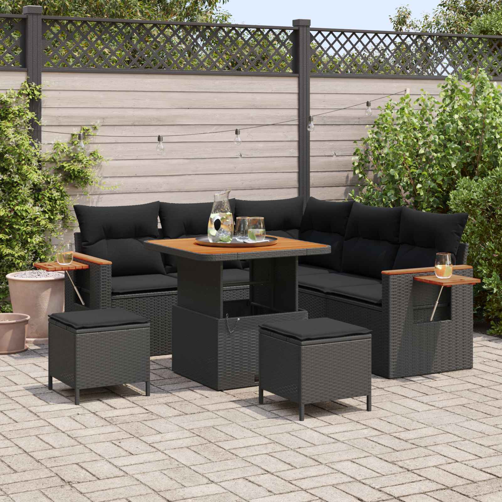 Tuinbankenset met kussen 9 pcs Zwart poly rattan – afbeelding 1