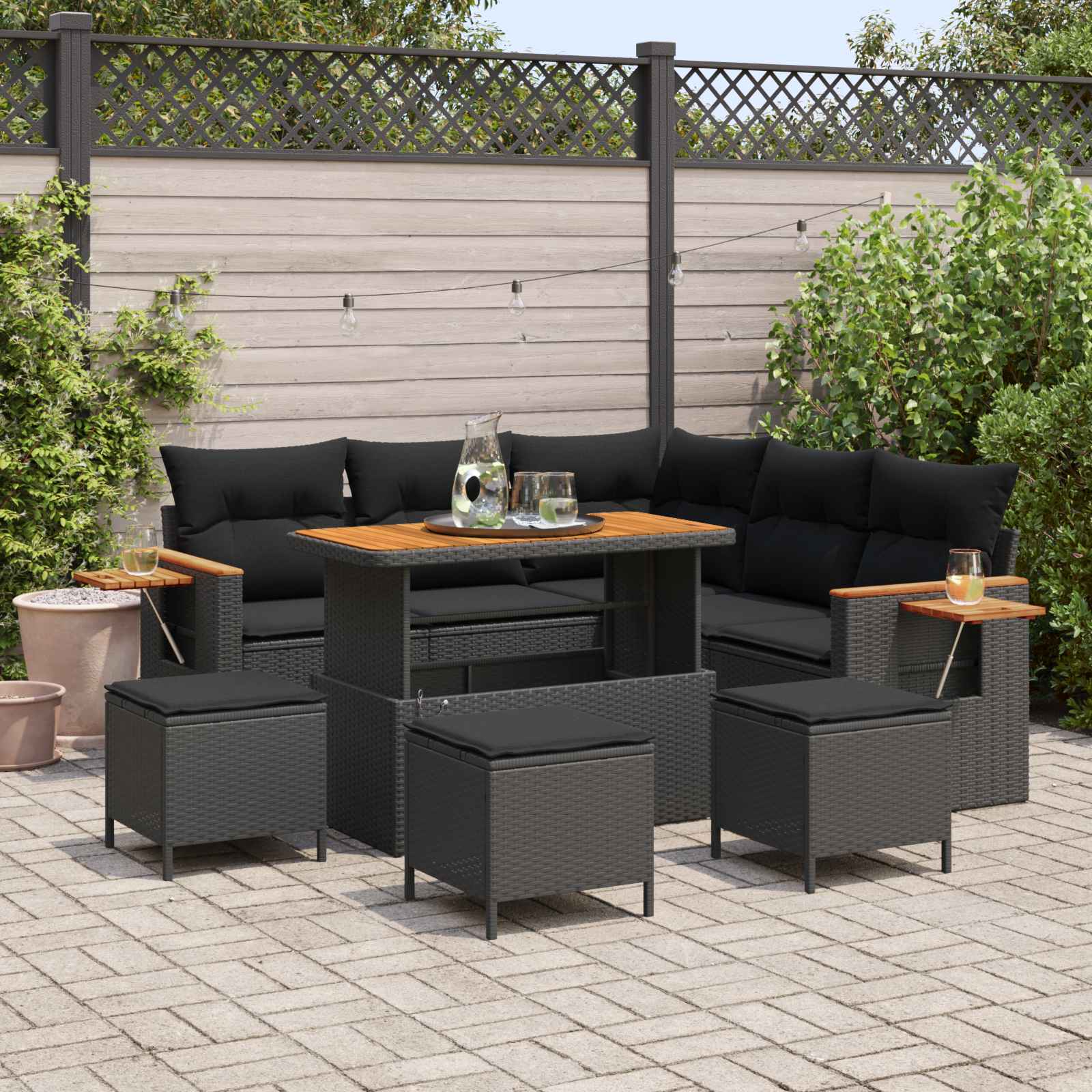 Tuinbankenset met kussen 10 pcs Zwart poly rattan