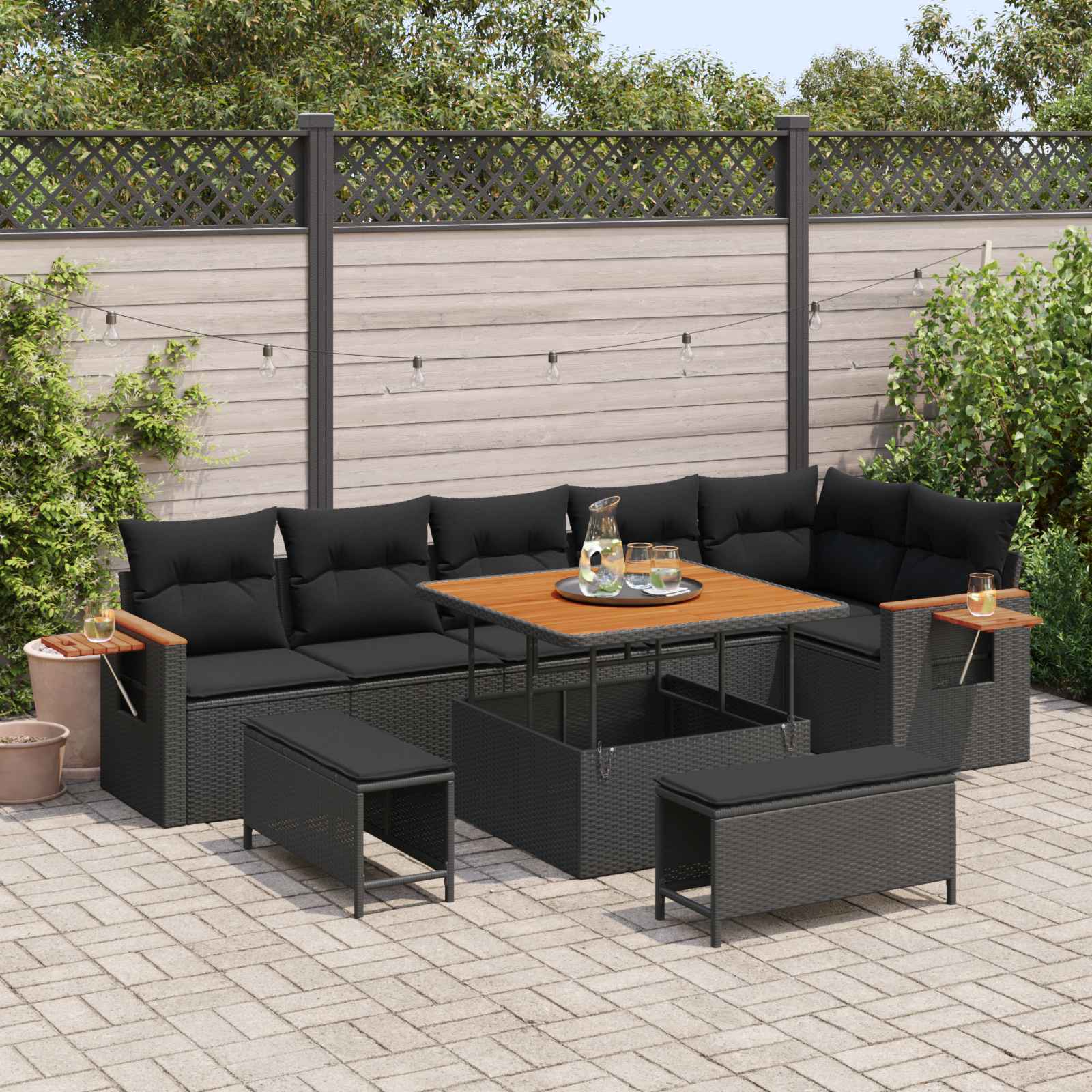 Tuinbankenset met kussen 11 pcs Zwart poly rattan