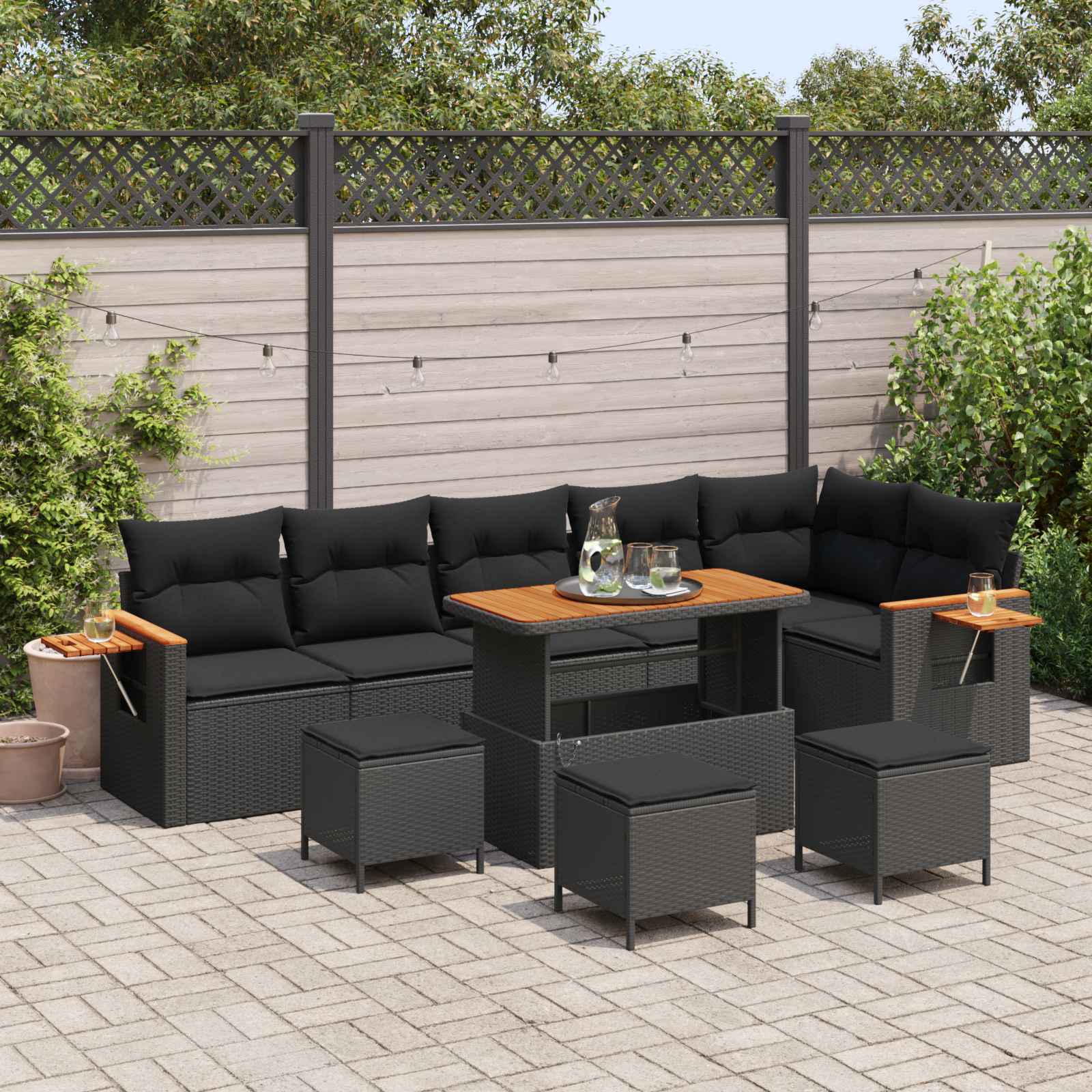 Tuinbankenset met kussen 12 pcs Zwart poly rattan