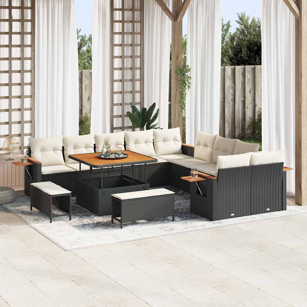 Tuinbankenset met kussen 17 pcs Zwart en Crème poly rattan – afbeelding 1
