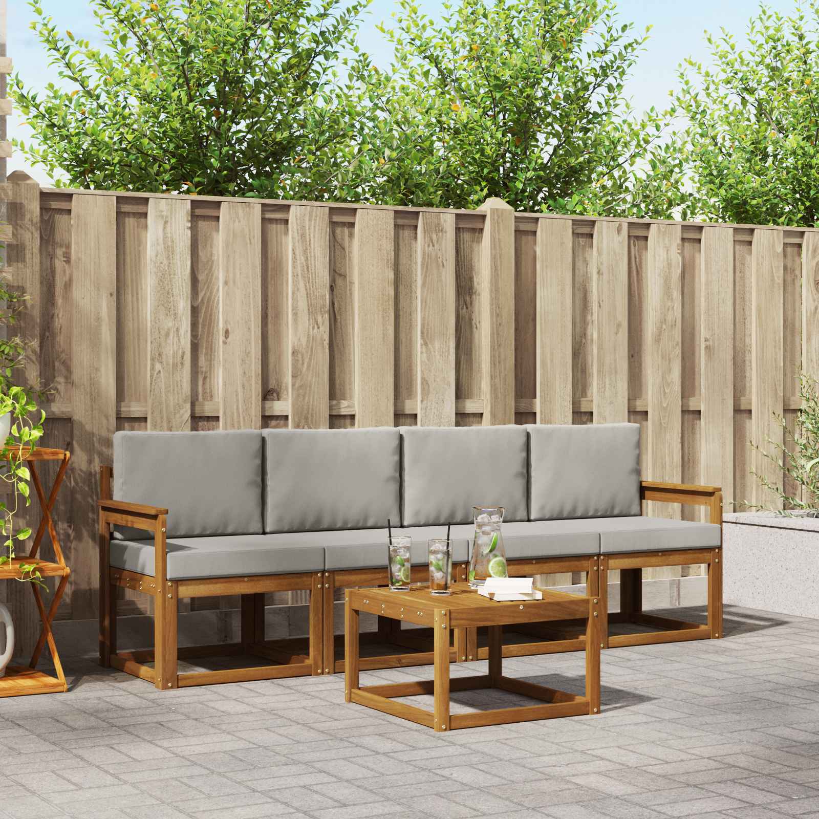 Buiten bankenset met kussen 5 pcs Natuurlijk en Lichtgrijs