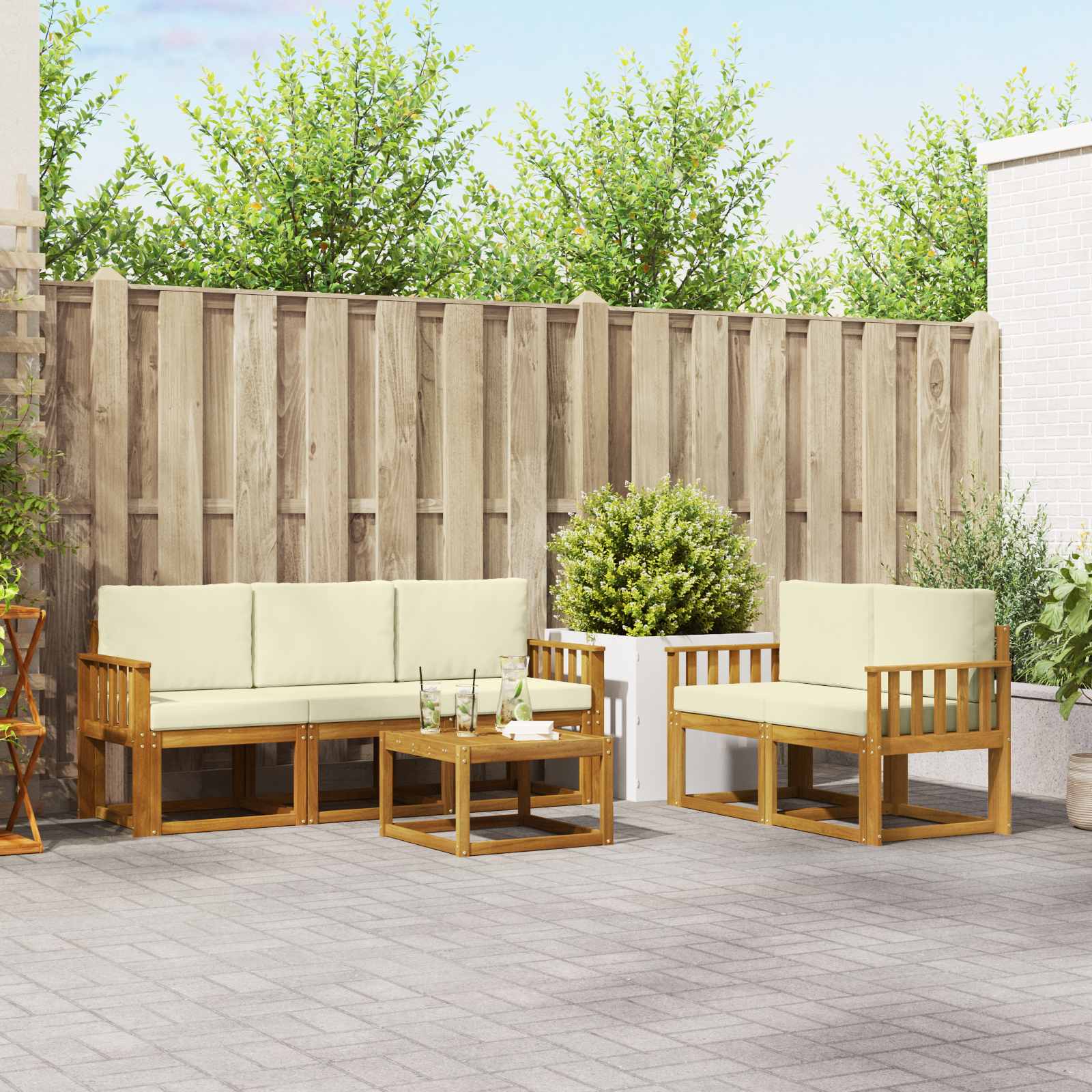 Buiten bankenset met kussen 6 pcs Natuurlijk en Crème – afbeelding 1